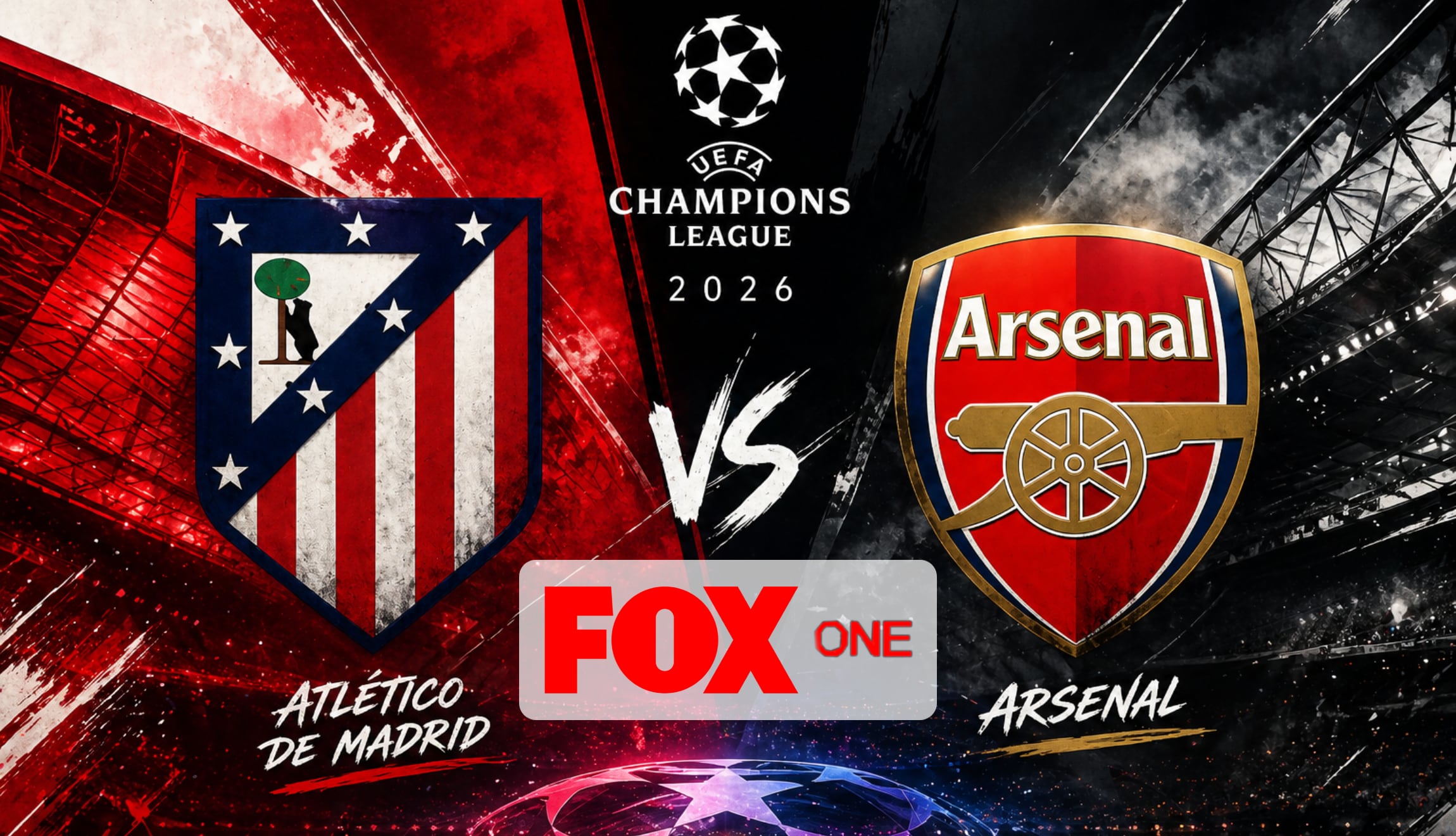 Desde México, sigue la señal de FOX One para ver el juego de Atlético de Madrid vs. Arsenal en directo, este miércoles 29 de abril, por semifinal ida de Champions League 2026. (Foto: Imagen creada por Gestión Mix utilizando la IA de Chat GPT)