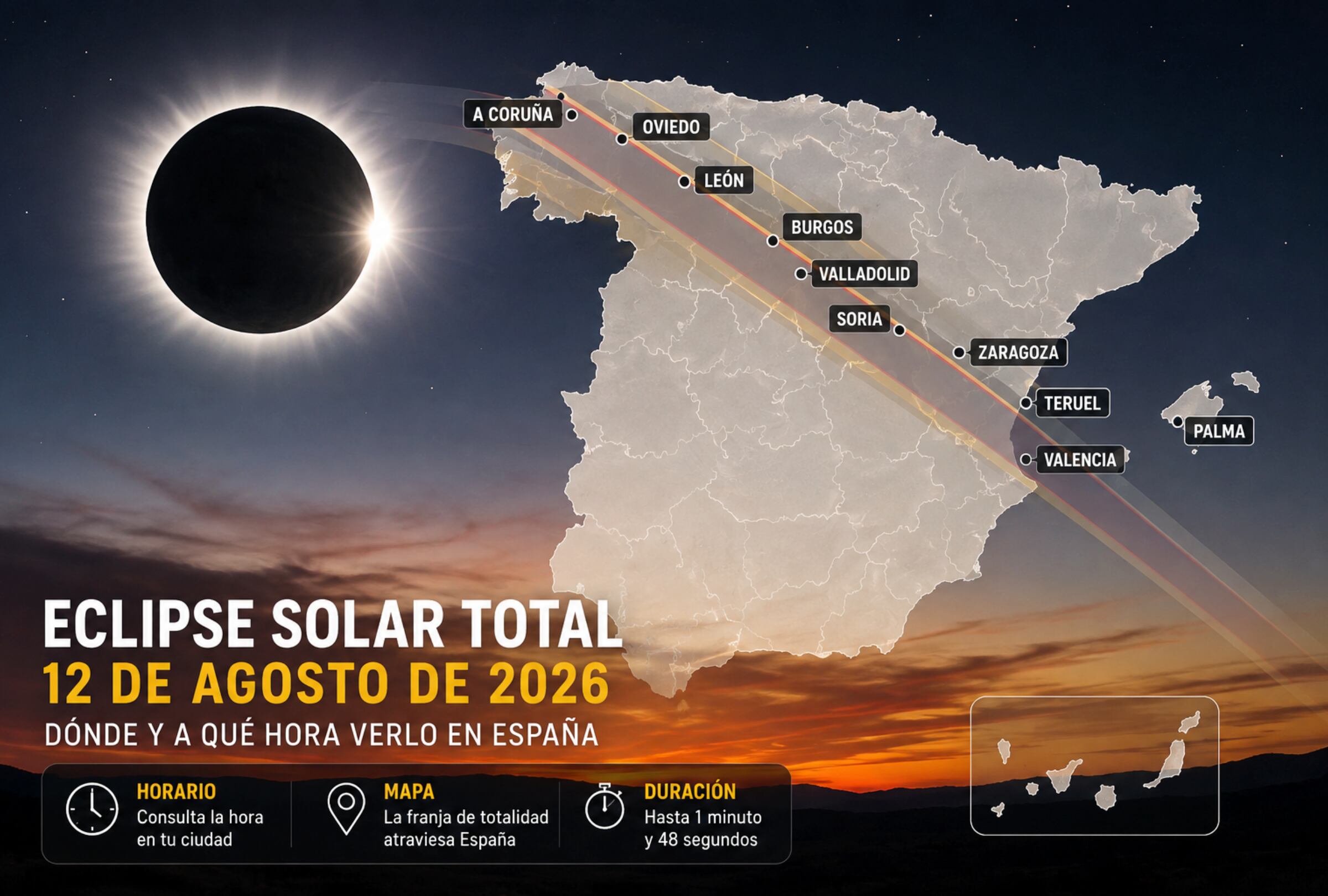 MADRID (ESPAÑA), 12/08/2026.- Consulta el horario del eclipse solar del 12 de agosto por países, la hora de la totalidad en España y dónde seguir el fenómeno en directo. FOTO DE NOÉ YACTAYO