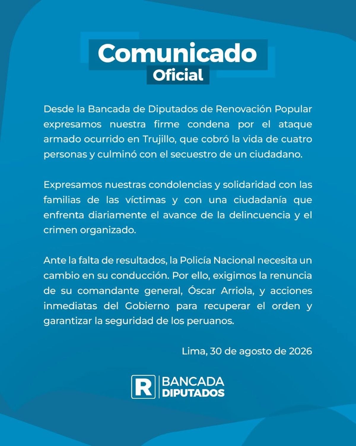 Comunicado de la Bancada de diputados de Renovación Popular. Foto: X.