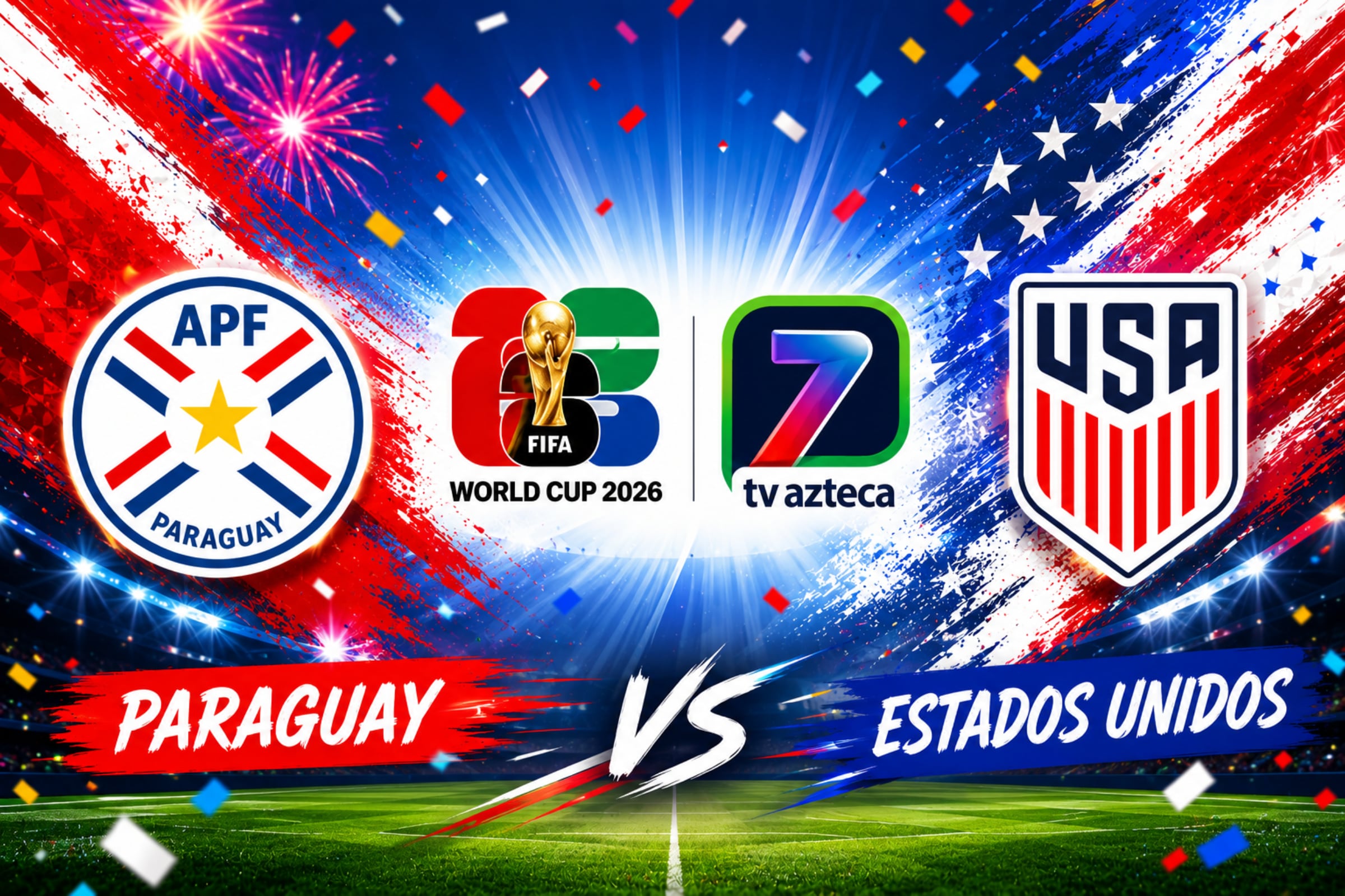 Señal de TV Azteca 7 en vivo y en directo para ver el juego de Paraguay vs. Estados Unidos, por el debut en la Copa Mundial de Fútbol 2026 este viernes 12 de junio. (Foto: Imagen creada por El Comercio MAG utilizando la IA de Chat GPT)