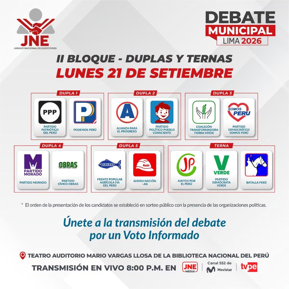 Debate Municipal para Lima Metropolitana. Estos son los partidos políticos que participarán en la primera jornada. Foto: JNE