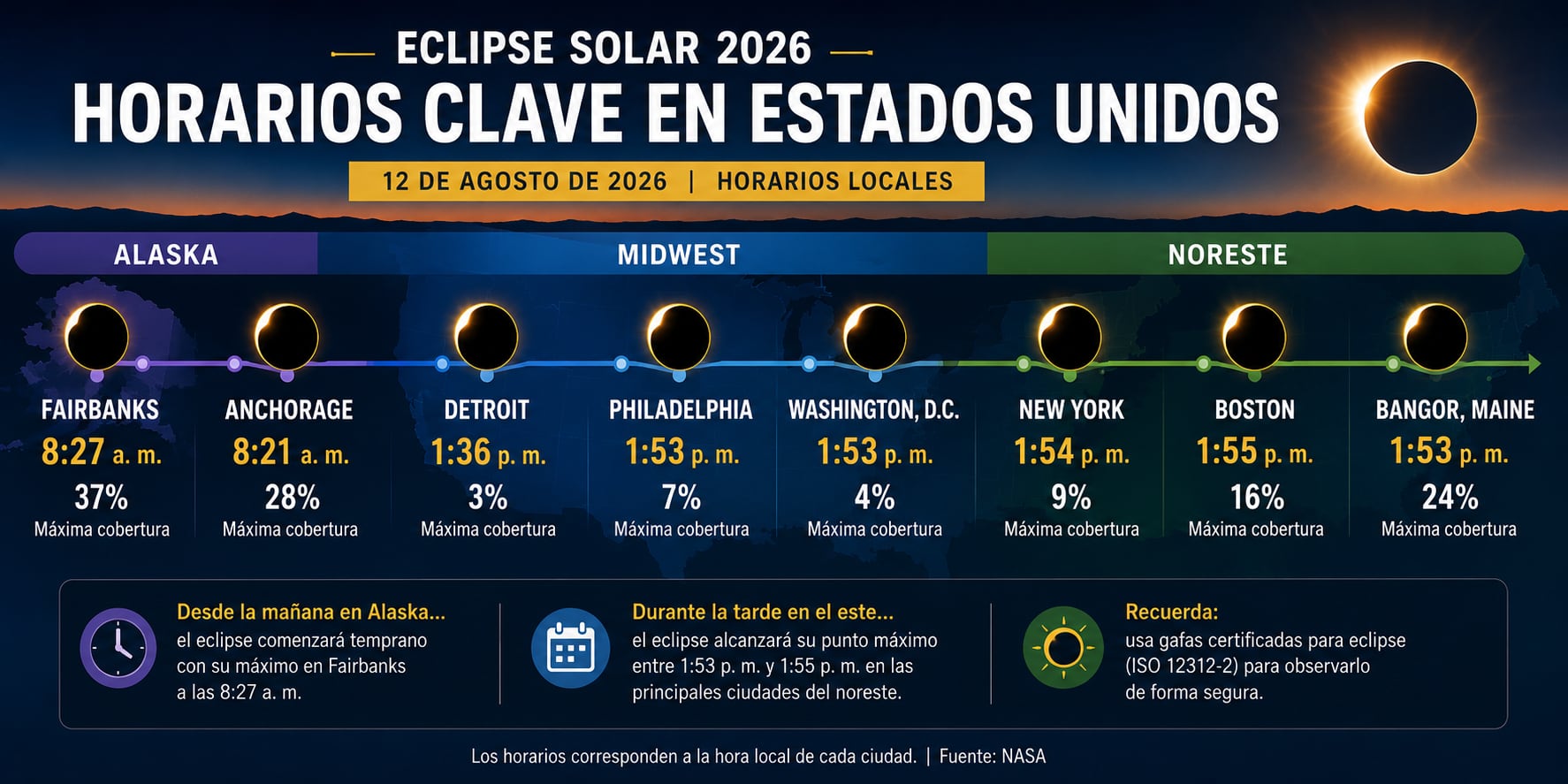 NYC, NUEVA YORK (ESTADOS UNIDOS), 12/08/2026.- Estos son los horarios clave del eclipse solar parcial del 12 de agosto de 2026 en Estados Unidos, desde el máximo a las 8:27 a. m. en Fairbanks, Alaska, hasta los picos de observación durante la tarde en ciudades del noreste como Nueva York, Boston y Bangor. FOTO DE NOÉ YACTAYO