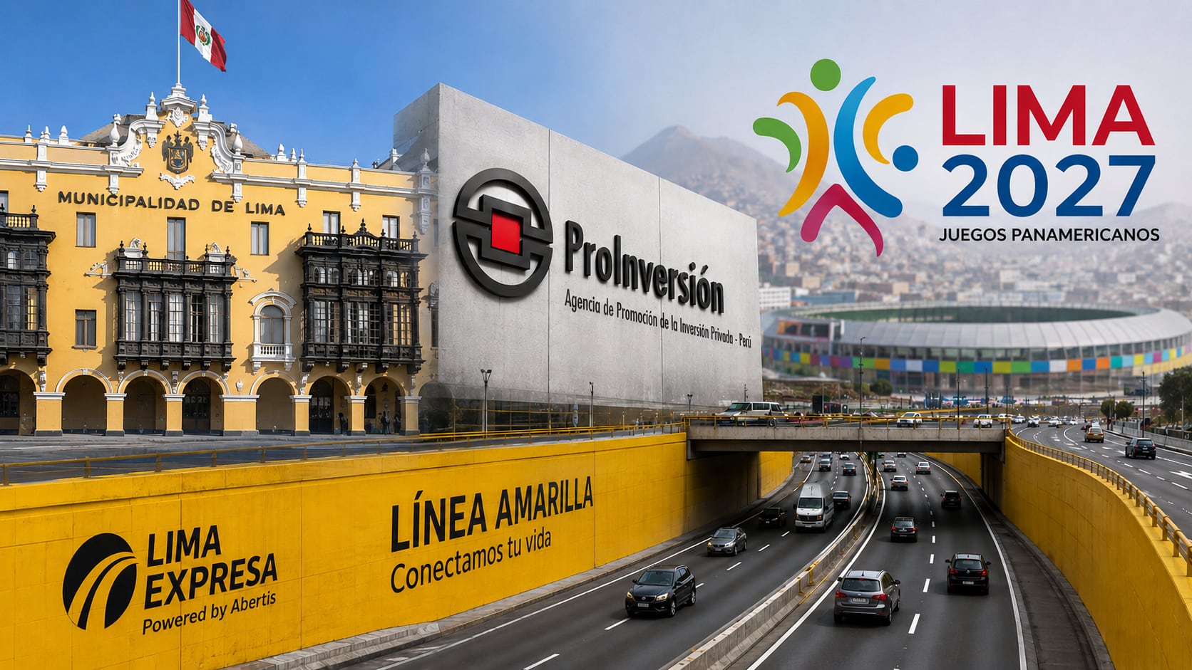 Lima Expresa aguarda el visto bueno de la MML, su concedente, para ejecutar con sus recursos 10 obras viables por US$ 100 millones. La iniciativa surge precisamente por los Juegos Panamericanos Lima 2027. Fotocomposición: Alessandro Azurín, ChatGPT, Diario Gestión.