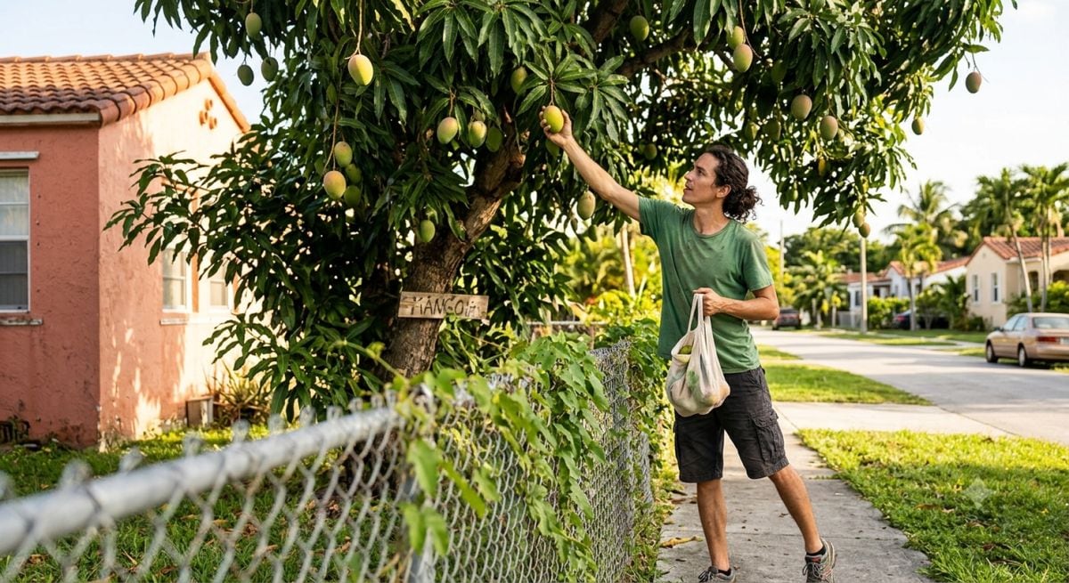En plena temporada de mangos en el sur de Florida, el condado de Miami‑Dade recordó que llevarse fruta de árboles ajenos ya no es un gesto inocente: puede terminar en multas de hasta US$200 e incluso cargos por robo (Foto: Imagen creada por Gestión MIX usando Gemini)