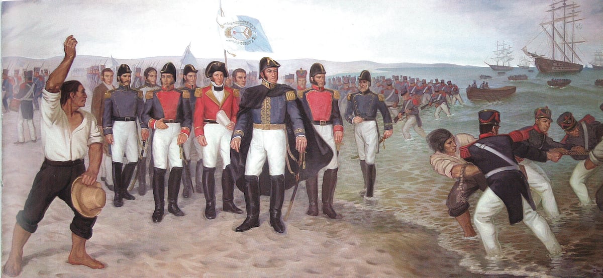 "Desembarco de San Martín", obra de Etna Velarde que se conserva en el Instituto Sanmartiniano del Perú. La tarea logística de la expedición libertadora al Perú estuvo a cargo de Juan José de Sarratea.
