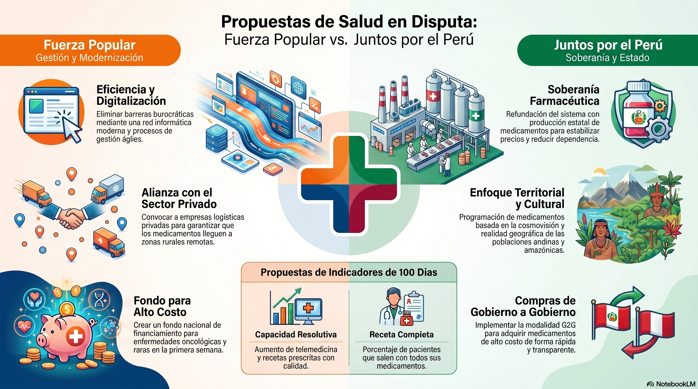 Los representantes de los equipos técnicos de Fuerza Popular y Juntos por el Perú presentaron sus propuestas para el sector salud y la falta de medicamentos en sus próximos primeros 100 días de gobierno (Imagen creada con NotebookLM)
