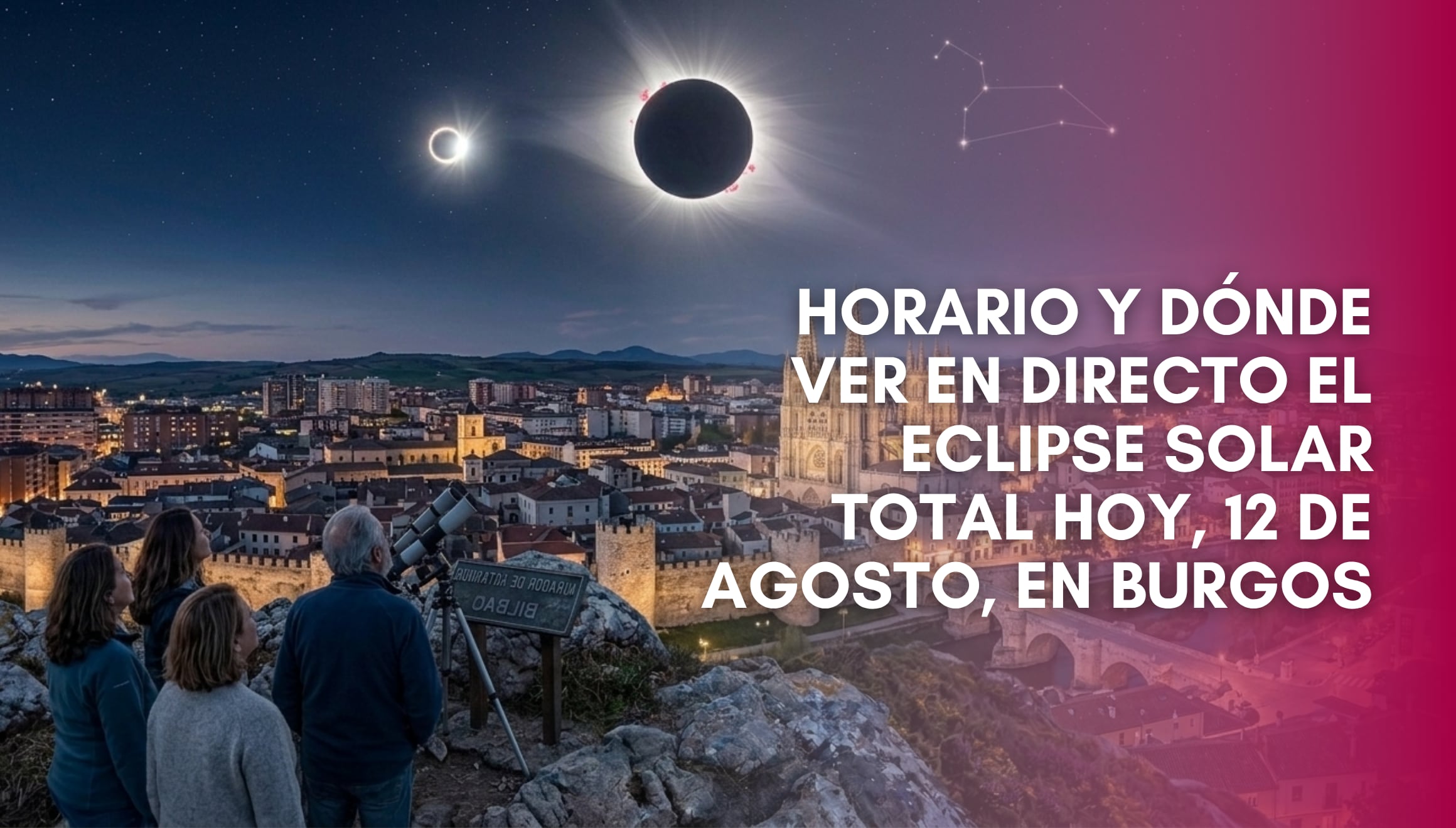 Silueta de la Catedral de Burgos proyectada bajo la penumbra del eclipse solar total del 12 de agosto, donde locales y visitantes contemplan la fase de máxima oscuridad en directo. | Imagen referencial creada por Gestión Mix utilizando la IA de Gemini / Composición GEC