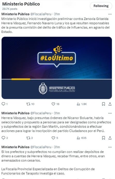 Ministerio Público abrió investigación contra mano derecha de Nicanor Boluarte.