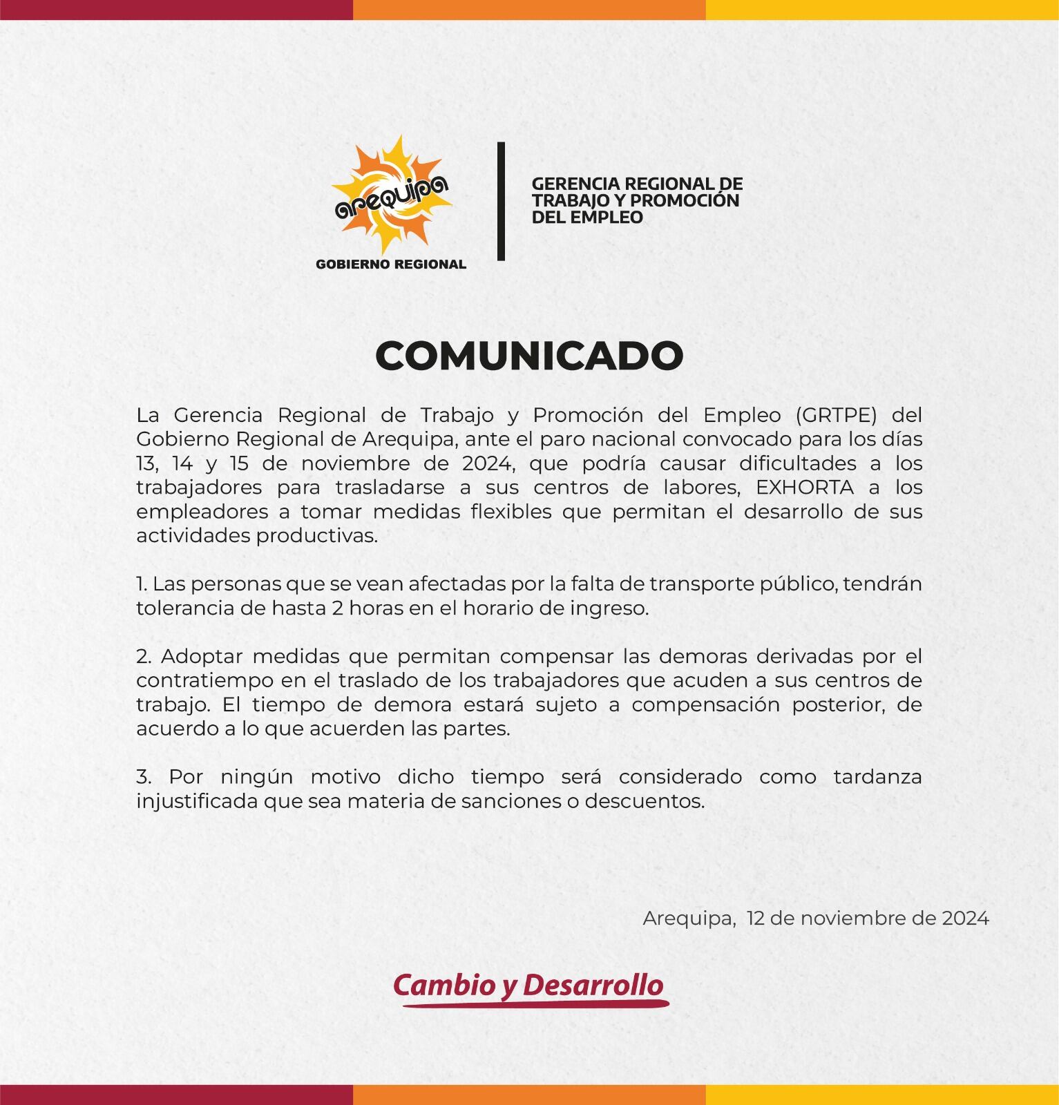 Comunicado del Gobierno Regional de Trabajo y Promoción del Empleo de Arequipa. Foto: GRTPE