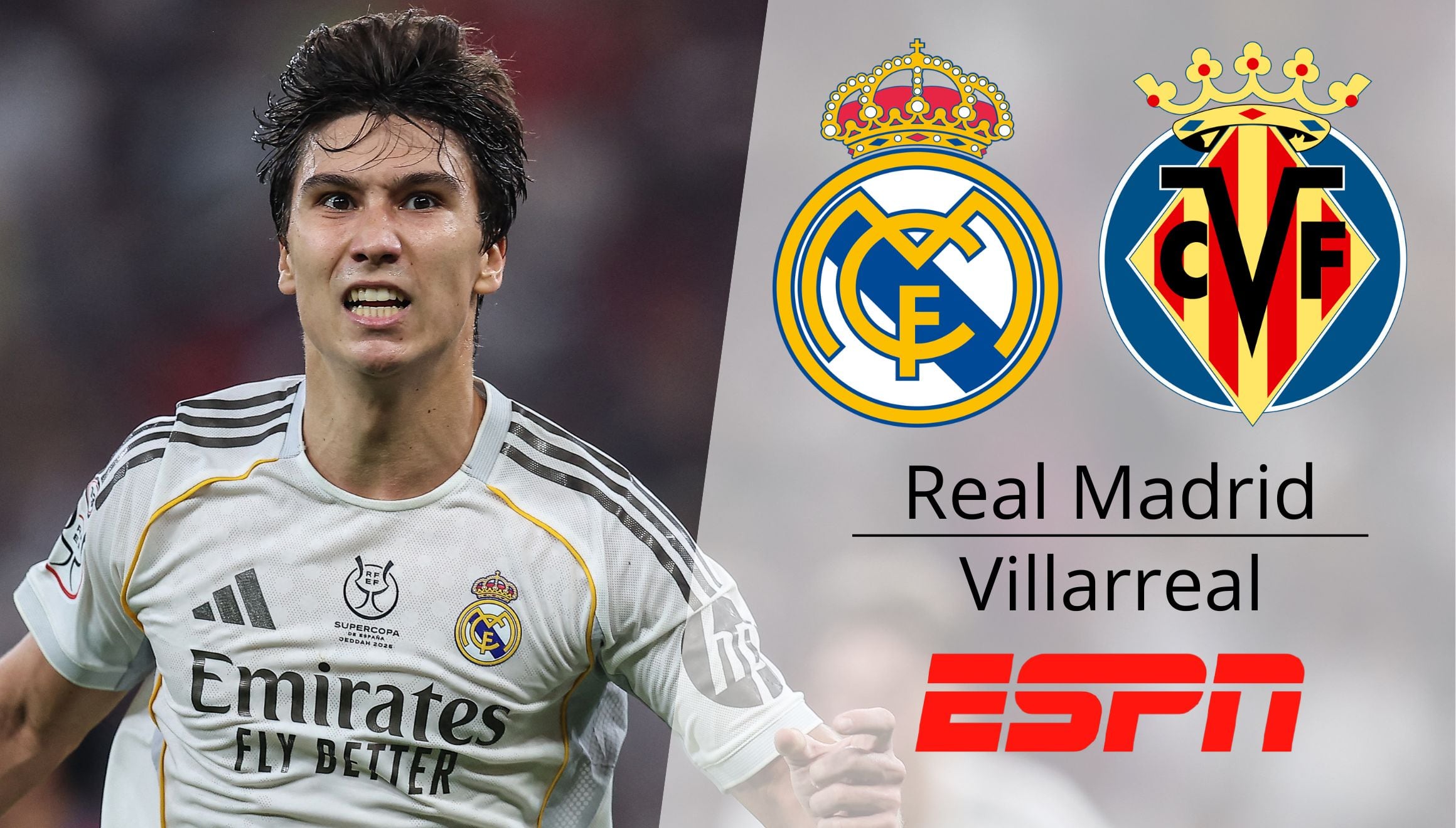 ESPN transmite el partido Real Madrid vs. Villarreal en vivo por TV y streaming online vía Disney Plus por la jornada 21 de LaLiga EA Sports. (Foto: Haitham AL-SHUKAIRI / AFP / Composición Mag)