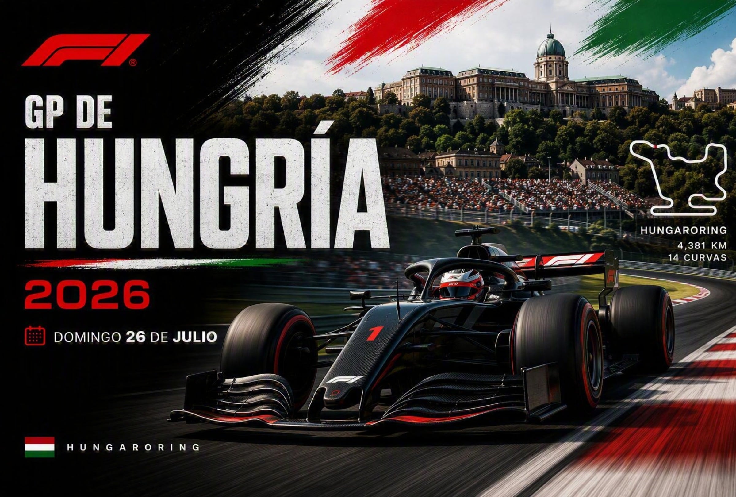 BUDAPEST, CONDADO DE PEST, (HUNGRÍA), 26/07/2026.- Horarios para ver la carrera de la Fórmula 1, el Gran Premio de Hungría 2026, que se realizará en Hungaroring,. FOTO: Imagen creada por la IA de Microsoft Copilot.