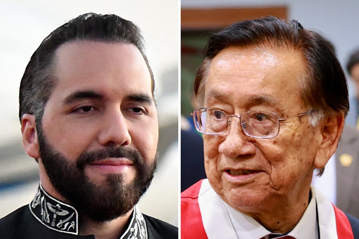 El presidente de El Salvador, Nayib Bukele; y el mandatario de Perú, José María Balcázar. (Ezequiel BECERRA / Congreso peruano / AFP)