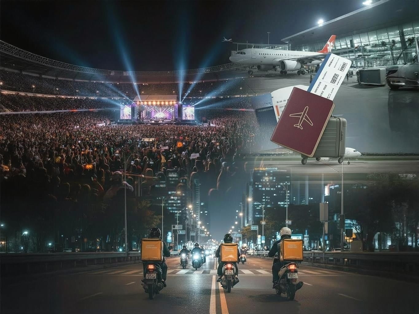 Pasajes aéreos, delivery y conciertos. Fotocomposición: Perplexity, Mía Ríos, Diario Gestión