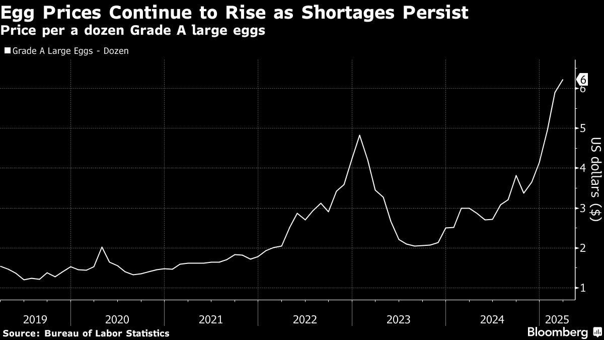 Los precios de los huevos siguen subiendo a pesar de la escasez | Precio por docena de huevos grandes de grado A.