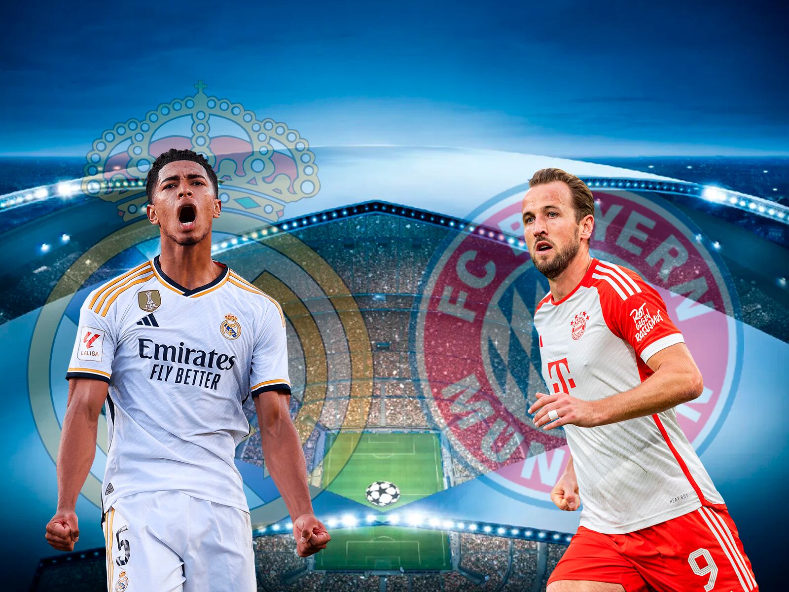Real Madrid vs Bayern Múnich se enfrentarán en el Allianz Arena, por la semifinal ida de la UEFA Champions League. Revisa los horarios en España, México y USA para no perderte este duelo.| Foto: Composición Mix