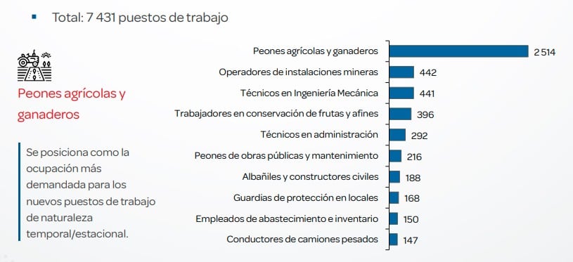 Nuevos puestos de trabajo de naturaleza temporal/estacional, según ocupaciones más demandadas, 2026 | Fuente: MTPE-Encuesta de Demanda Ocupacional, 2025.
Elaboración: MTPE-DGPE-Dirección de Investigación Socio Económico Laboral (DISEL).