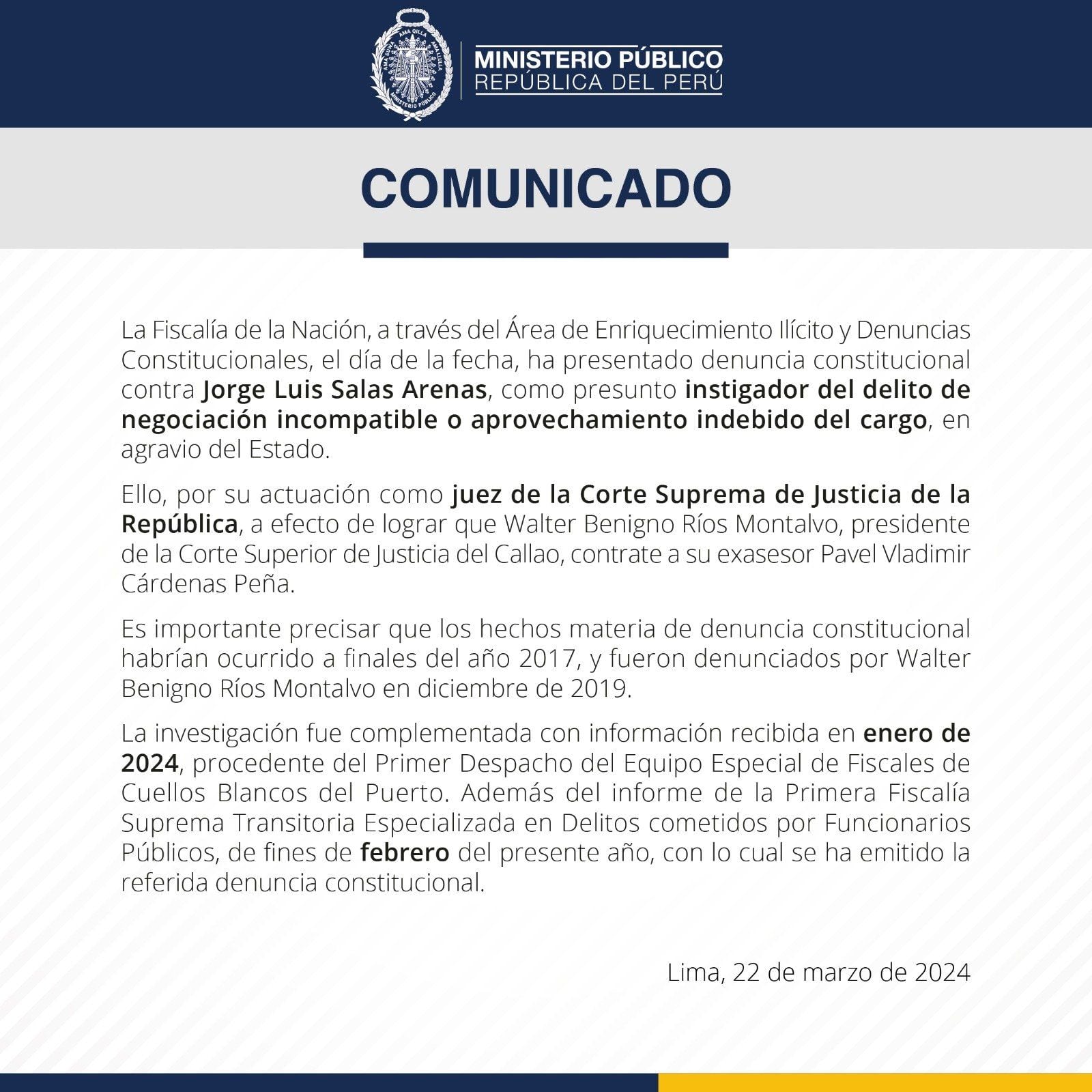 Comunicado de la fiscalía sobre la denuncia constitucional contra Jorge Salas Arenas