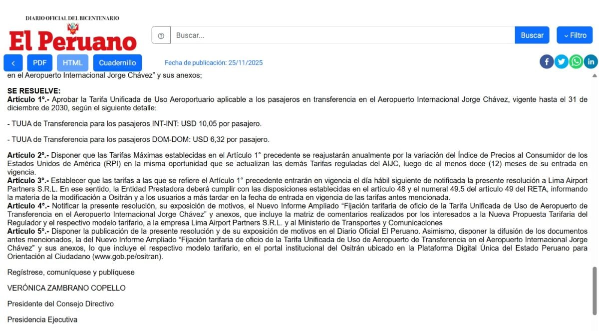 Ositrán formalizó las nuevas tarifas de la TUUA de transferencia del aeropuerto Jorge Chávez mediante una resolución publicada en El Peruano.