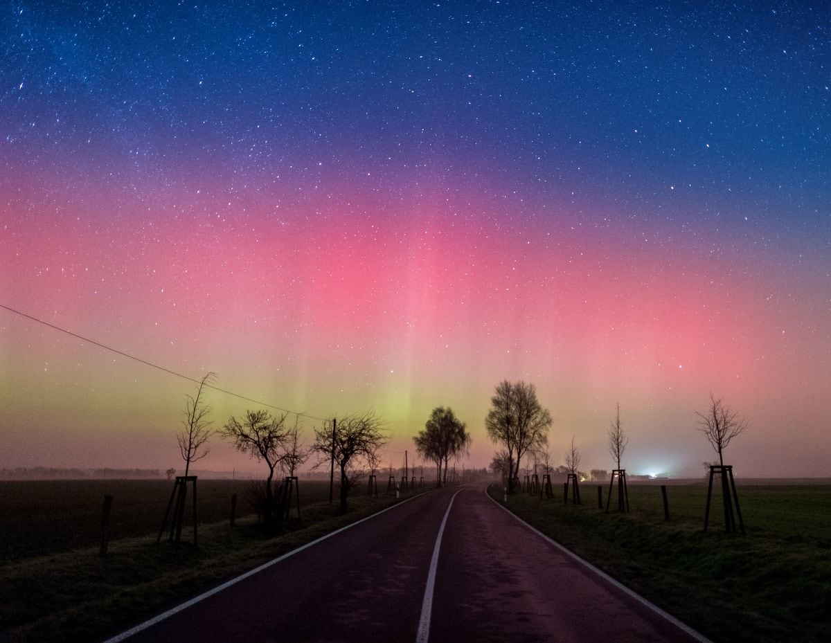 Esta imagen muestra una aurora boreal durante la noche del 6 de marzo de 2016 en Lietzen, cerca de Brandeburgo, en el este de Alemania (Foto: Patrick Pleul / DPA / AFP)