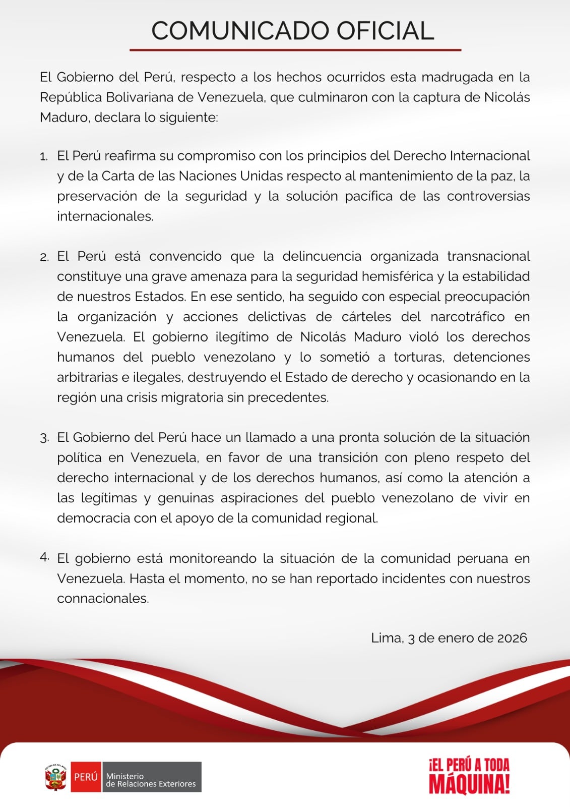 La postura del gobierno peruano tras la intervención a Venezuela y captura a Nicolás Maduro. Foto: X.