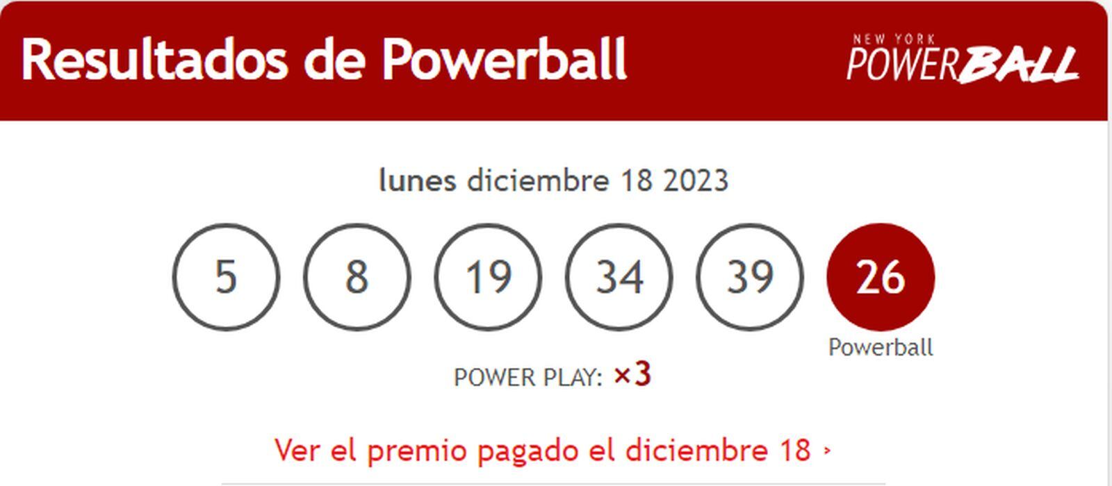 Números ganadores del sorteo de Powerball del 18 de diciembre (Foto: Lotería de NY)