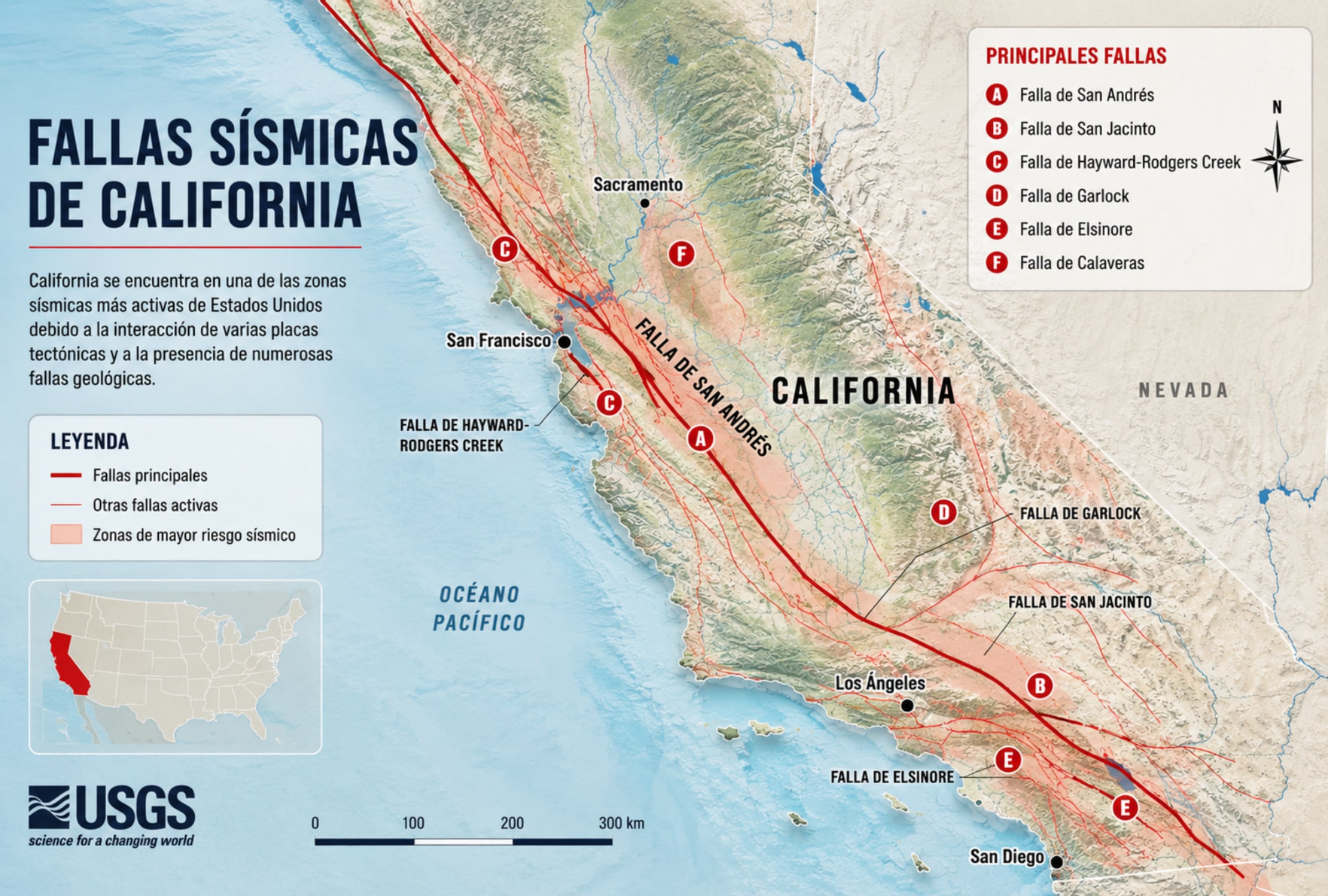 Mapa de las principales fallas sísmicas de California, entre ellas la falla de San Andrés, San Jacinto y Hayward-Rodgers Creek, que atraviesan distintas zonas del estado. FOTO DE USGS