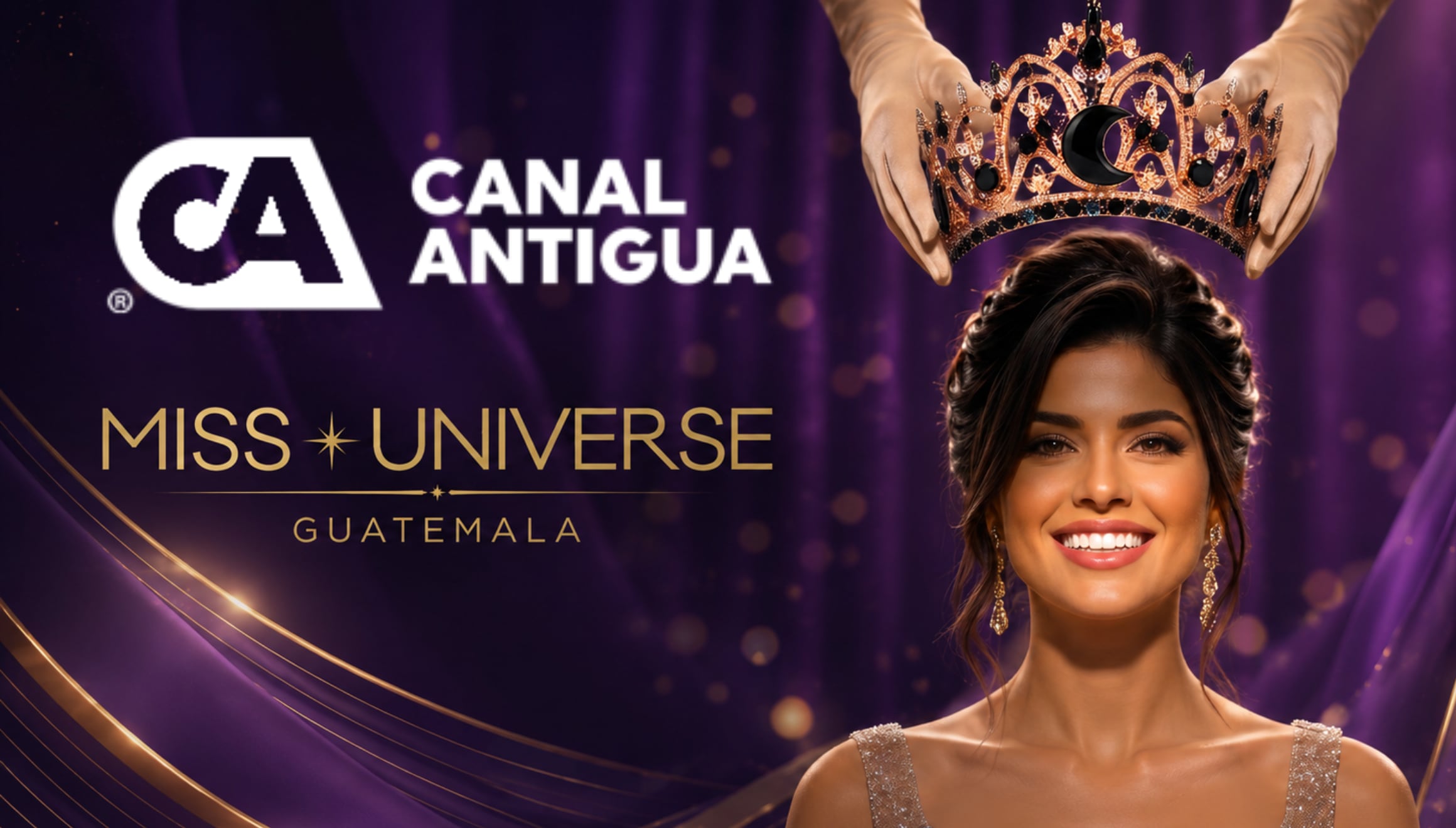 Escenario principal de la gala de coronación de Miss Universo Guatemala 2026. Entérese de cómo seguir la transmisión en directo mediante la señal abierta de Canal Antigua y plataformas online. | Crédito: @missuniversegt / Instagram / Composición Gestión Mix
