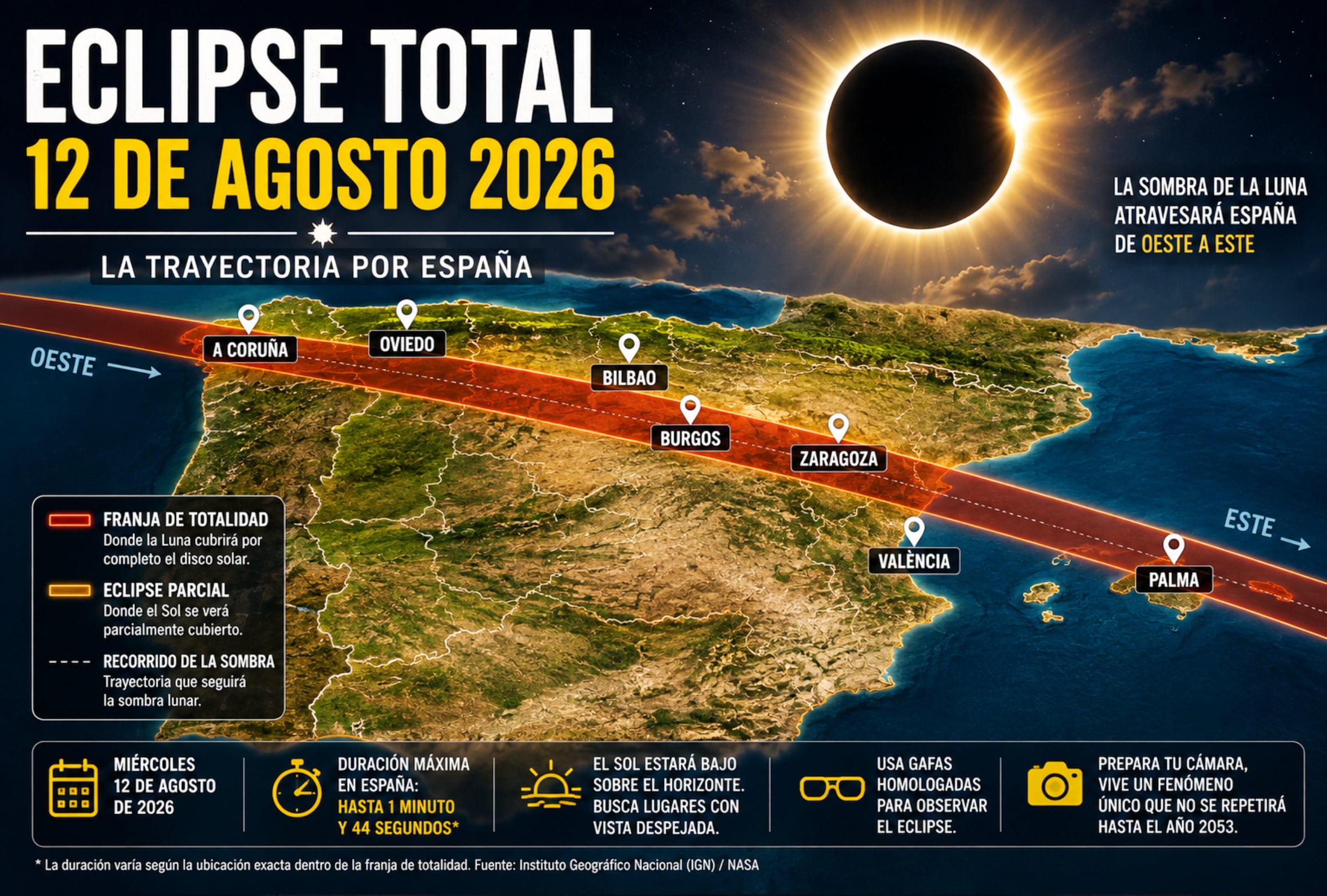 MADRID (ESPAÑA), 12/08/2026.- ¿Dónde se verá el eclipse total en España? Revisa el mapa de la trayectoria, las ciudades dentro de la franja y los horarios del 12 de agosto. FOTO DE NOÉ YACTAYO