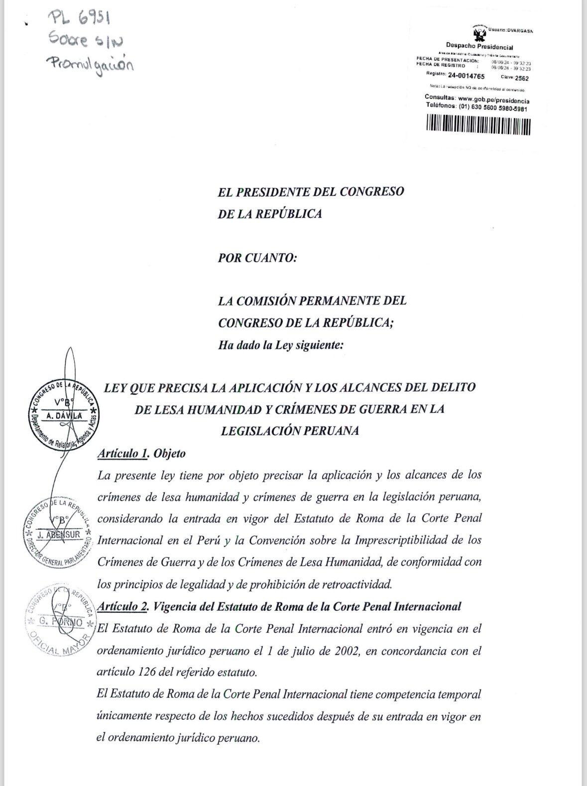 Documento que ordena la promulgación de ley de Lesa Humanidad y Crimen organizado