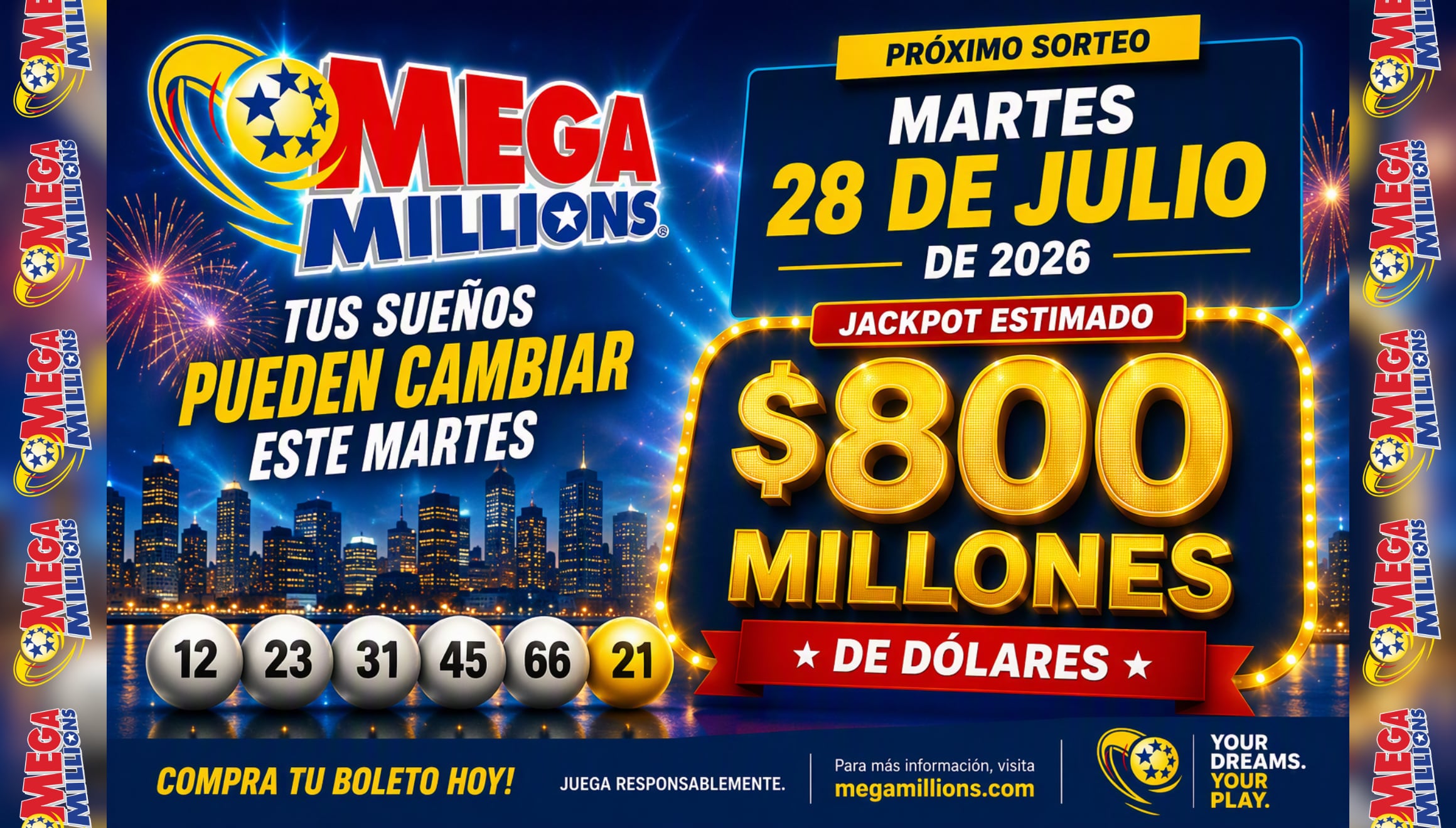 El pozo acumulado del Mega Millions alcanza los 800 millones de dólares para el sorteo del 28 de julio de 2026. Verifique los números ganadores y los resultados oficiales de la lotería en Estados Unidos. | Imagen creada por Gestión Mix utilizando la IA de Copilot / Composición GEC