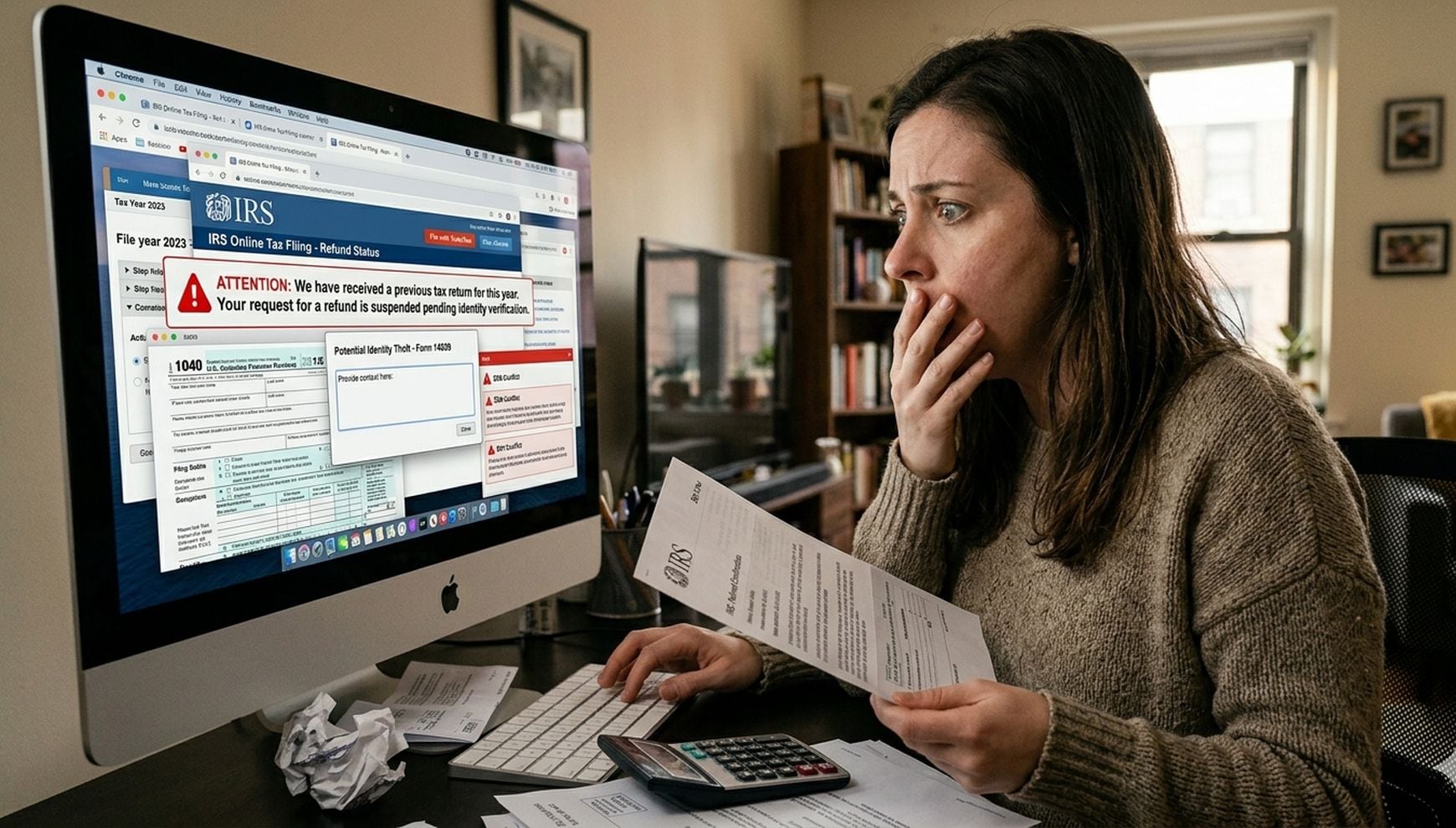 A pocos días del 15 de abril, cada vez más contribuyentes descubren que alguien usó su identidad para presentar los impuestos y cobrar el reembolso antes que ellos (Crédito: Imagen creada por Gestión MIX usando Gemini)