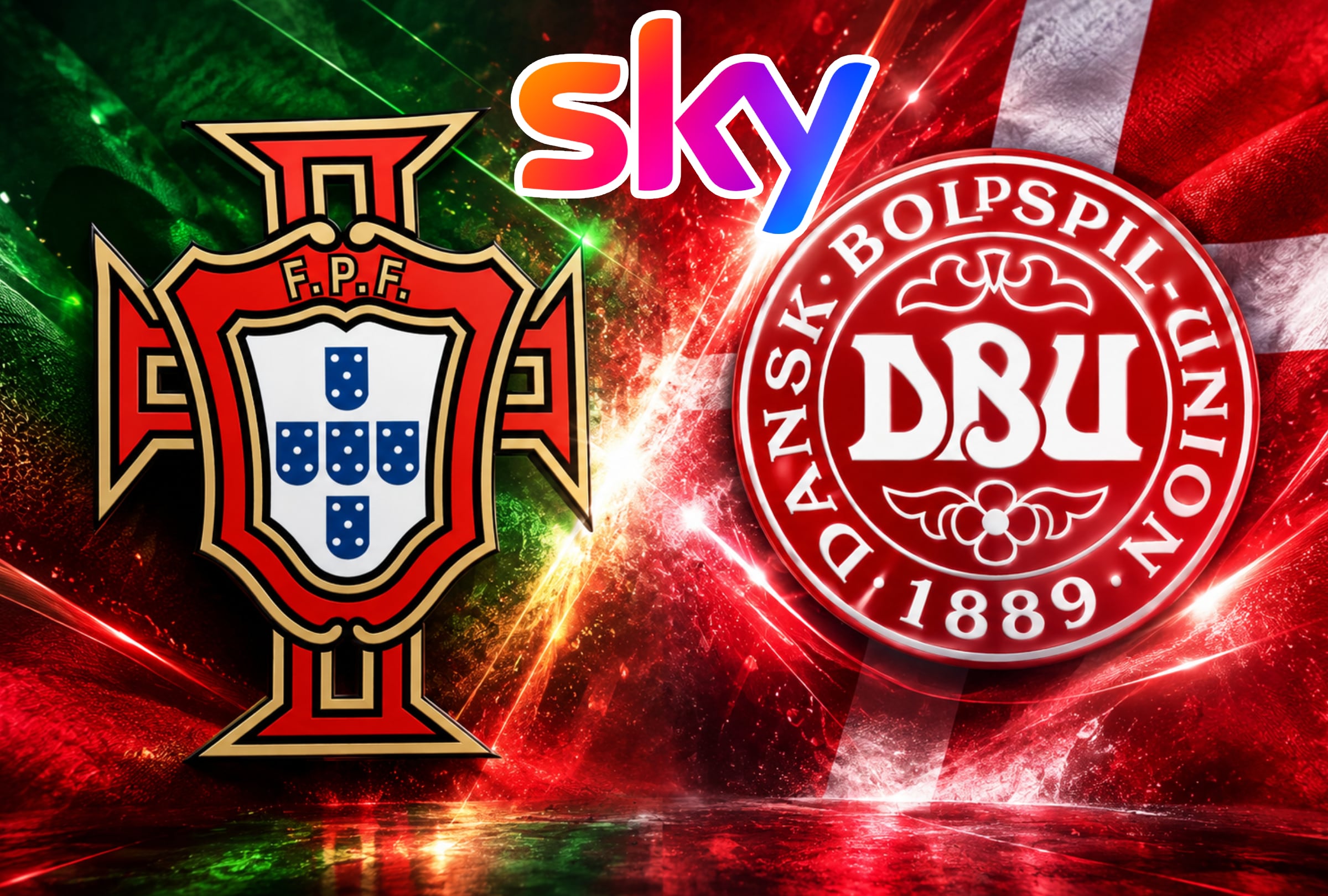 INDRE ØSTERBRO, COPENHAGUE (DINAMARCA), 1/10/2026. SKY Sports transmitirá EN VIVO el partido de Portugal vs. Dinamarca por la UEFA Nations League desde el Parken Stadium de Copenhague. FOTO: Imagen creada por la IA de ChatGPT.