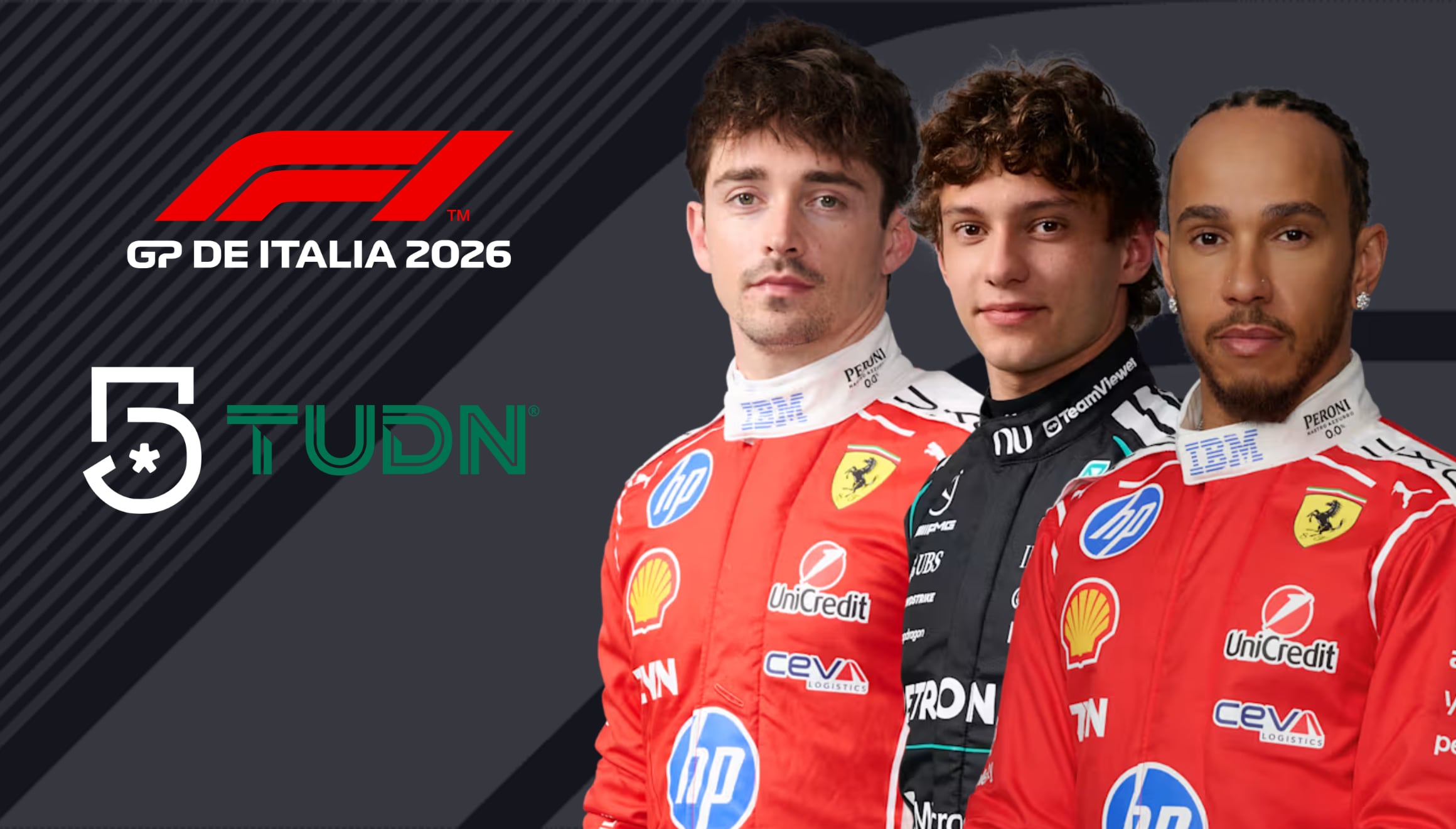 Las luces rojas del semáforo principal del circuito de Monza apagándose para dar inicio al Gran Premio de Italia 2026 de Fórmula 1, encuentro del motor con transmisión en vivo por Canal 5 y TUDN en México. | Crédito: formula1.com / Composición Gestión Mix