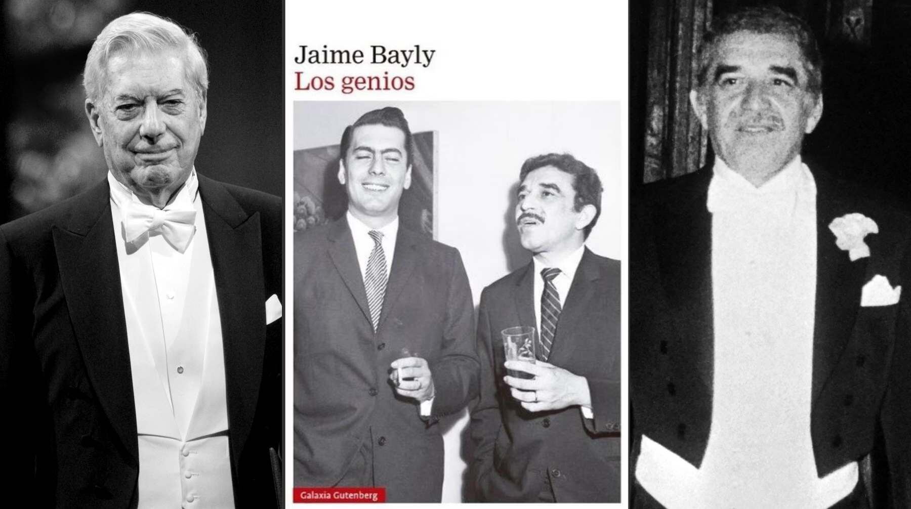 Al centro, la portada de "Los genios" de Jaime Bayly. En los extremos, Mario Vargas Llosa y Gabriel García Márquez, fotografiados cuando recibieron el Premio Nobel de Literatura.