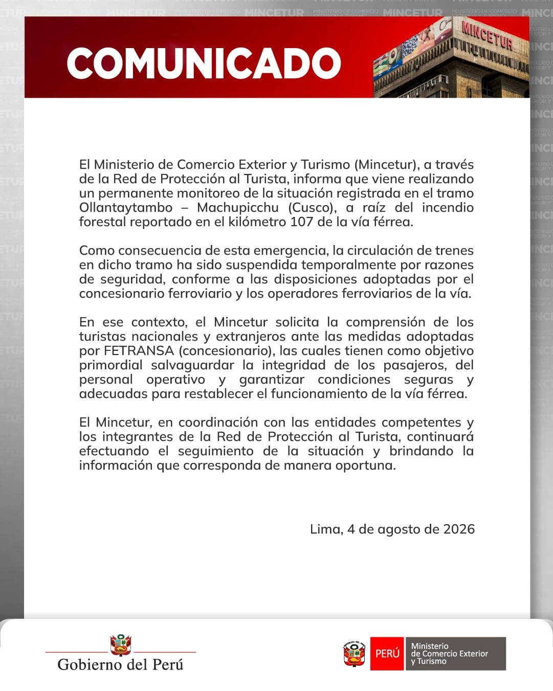 El Ministerio de Comercio Exterior y Turismo pidió comprensión a los turistas nacionales y extranjeros por la suspensión temporal del servicio ferroviario . Foto: Mincetur