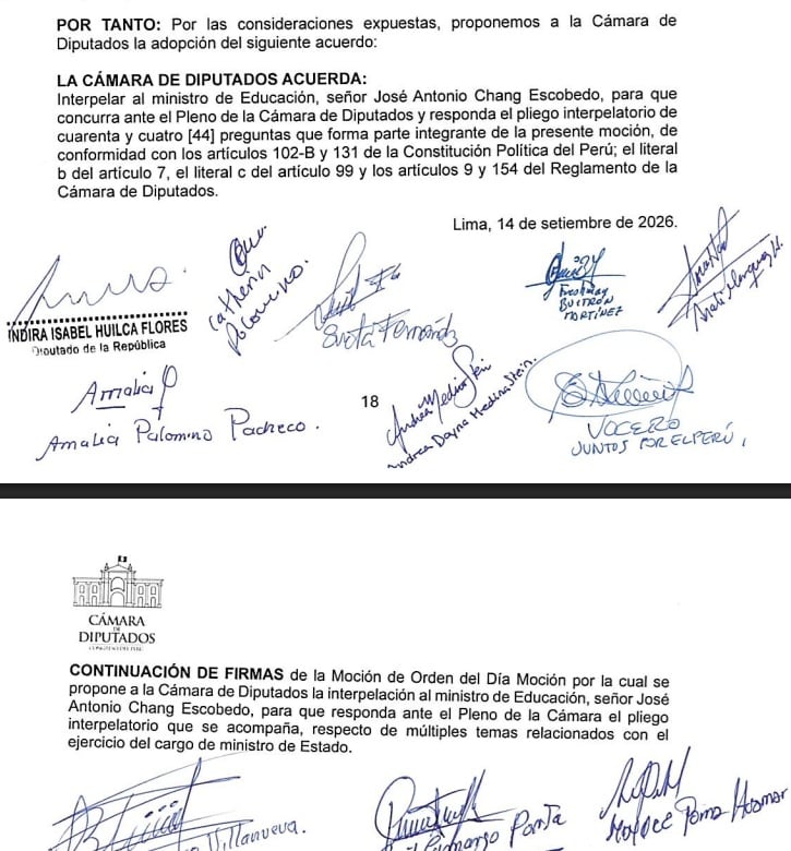 Moción que plantea interpelar al ministro de Educación, José Chan, promovida por bancada de Ahora Nación, Juntos por el Perú y OBRAS. Foto. captura