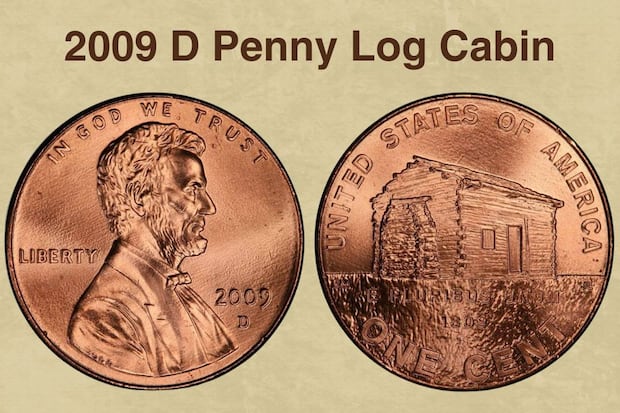 La moneda por los 200 años del nacimiento de Abraham Lincoln se acuñó en 2009 y muestra la cabaña donde creció el expresidente de EEUU (Foto: Coinvaluechecker).