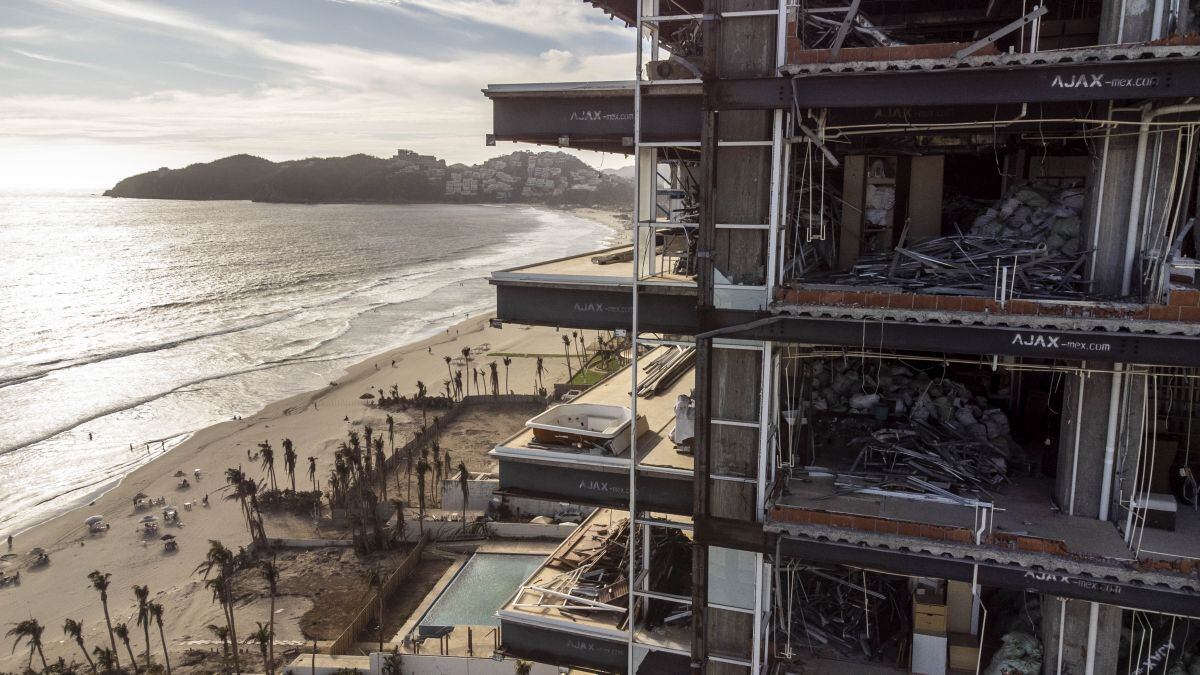 An apartment building destroyed from Hurricane Otis in the Diamante neighborhood of Acapulco, Guerrero state, Mexico, on Monday, March 25, 2024. It's a grim scene after Hurricane Otis tore into Acapulco in October as a Category 5 storm, leaving at least 50 people dead and an economic toll estimated at about $20 billion.