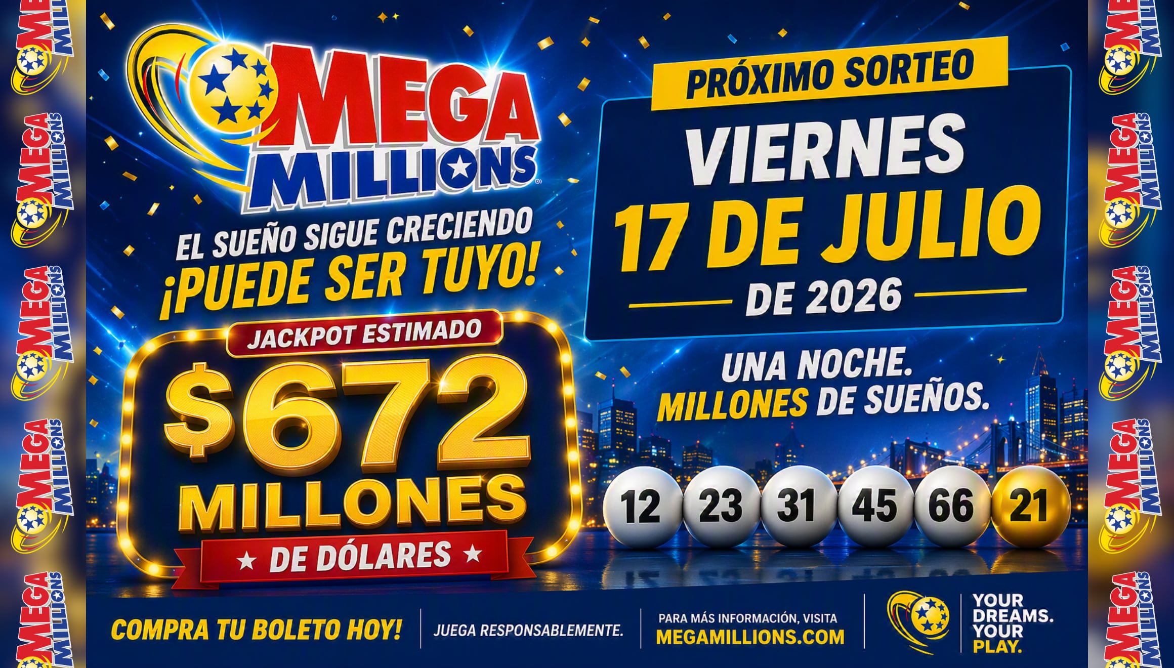 Millones de jugadores en EE. UU. siguen los resultados en vivo del sorteo de Mega Millions hoy, viernes 17 de julio de 2026, con la expectativa de revisar los números ganadores de la lotería y llevarse el codiciado jackpot de 672 millones. | Imagen creada por Gestión Mix utilizando la IA de Copilot / Composición GEC