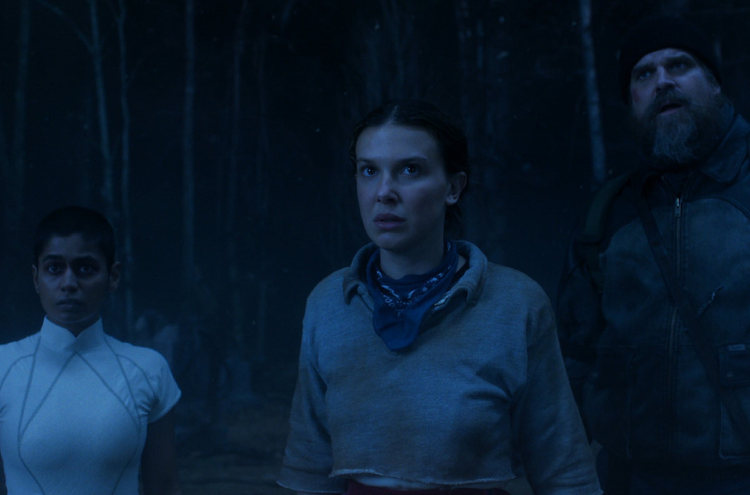 Kali/ Ocho (Linnea Berthelsen), Eleven (Millie Bobby Brown) y Jim Hopper (David Harbour) en el Volumen 2 de la temporada 5 de "Stranger Things" (Foto: Netflix)