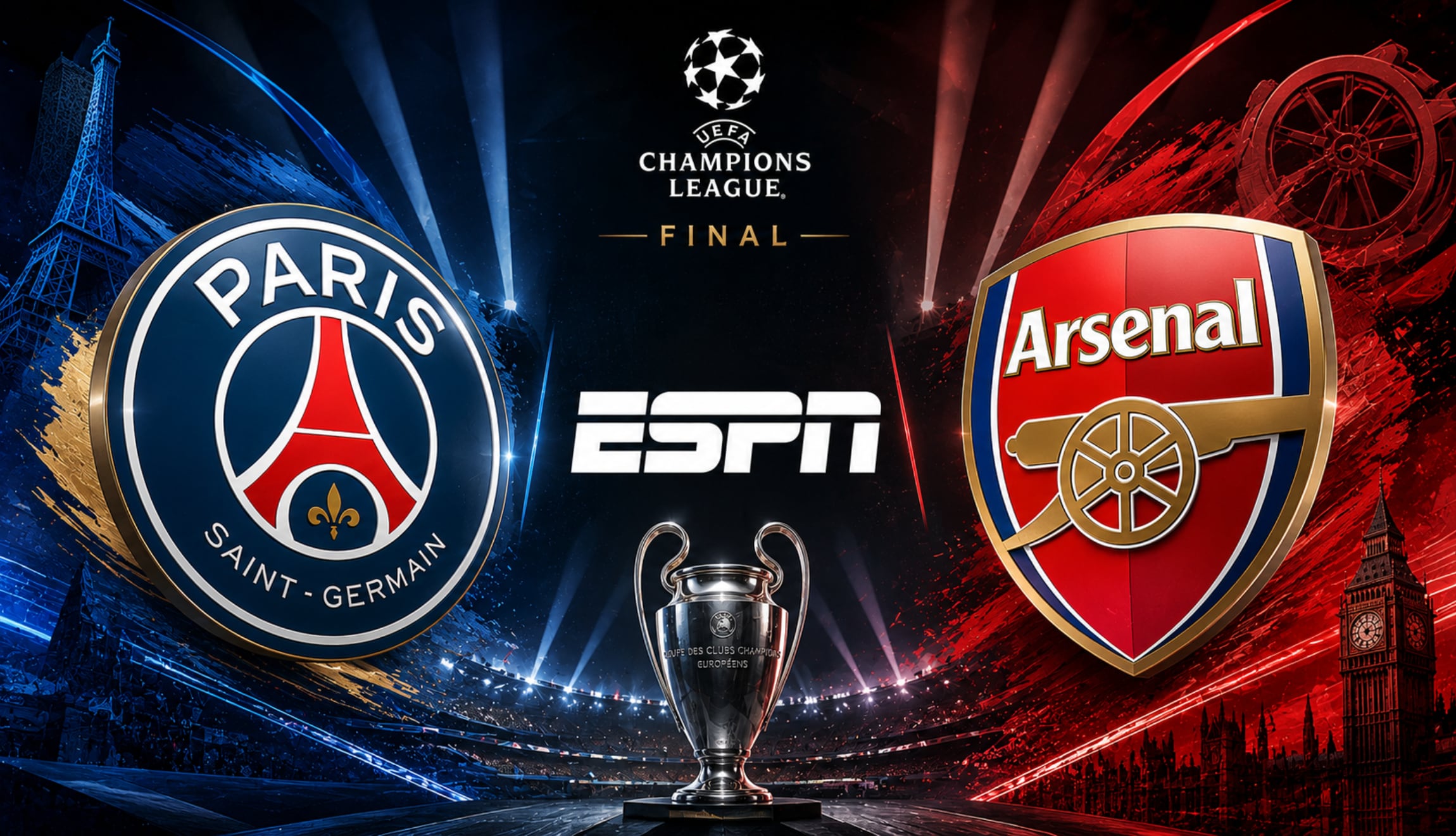 Señal de ESPN para ver la final de PSG vs. Arsenal en vivo y en directo, este sábado 30 de mayo, por la final de la Champions League 2026. (Foto: Imagen creada por Gestión Mix utilizando la IA de Chat GPT)