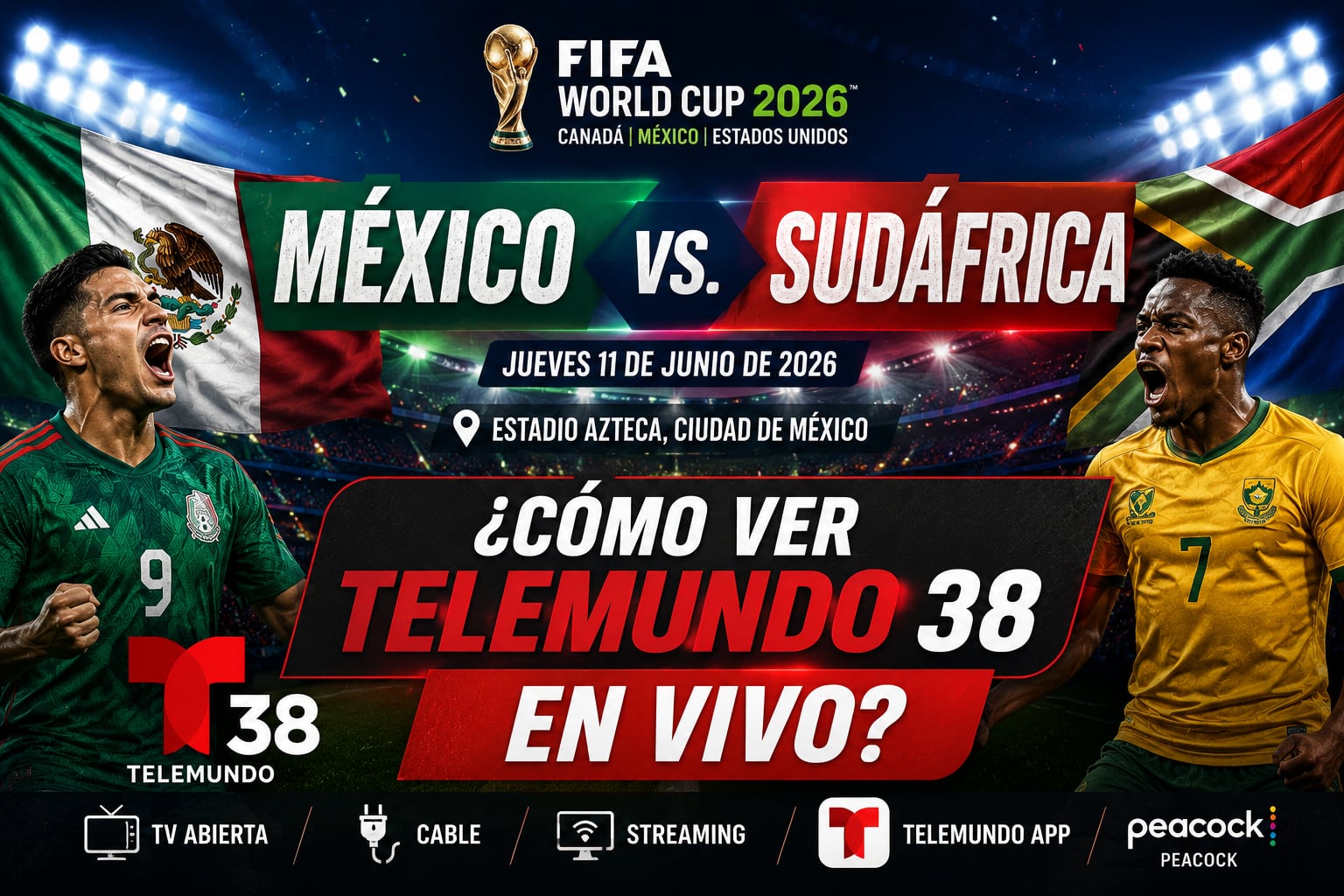 El partido México vs. Sudáfrica, por la fecha 1 del Mundial 2026, se podrá ver EN VIVO a través de Telemundo 38 en EE. UU. (Imagen hecha por Gestión con apoyo de la IA Gemini)