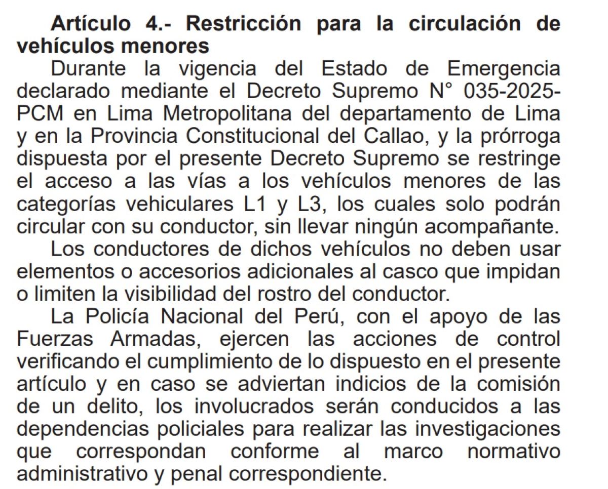 Vehículos menores de las categorías L1 y L3, solo podrán circular con su conductor, sin llevar ningún acompañante, señala DS N° 046-2025-PCM. Foto: Diario Oficial El Peruano.