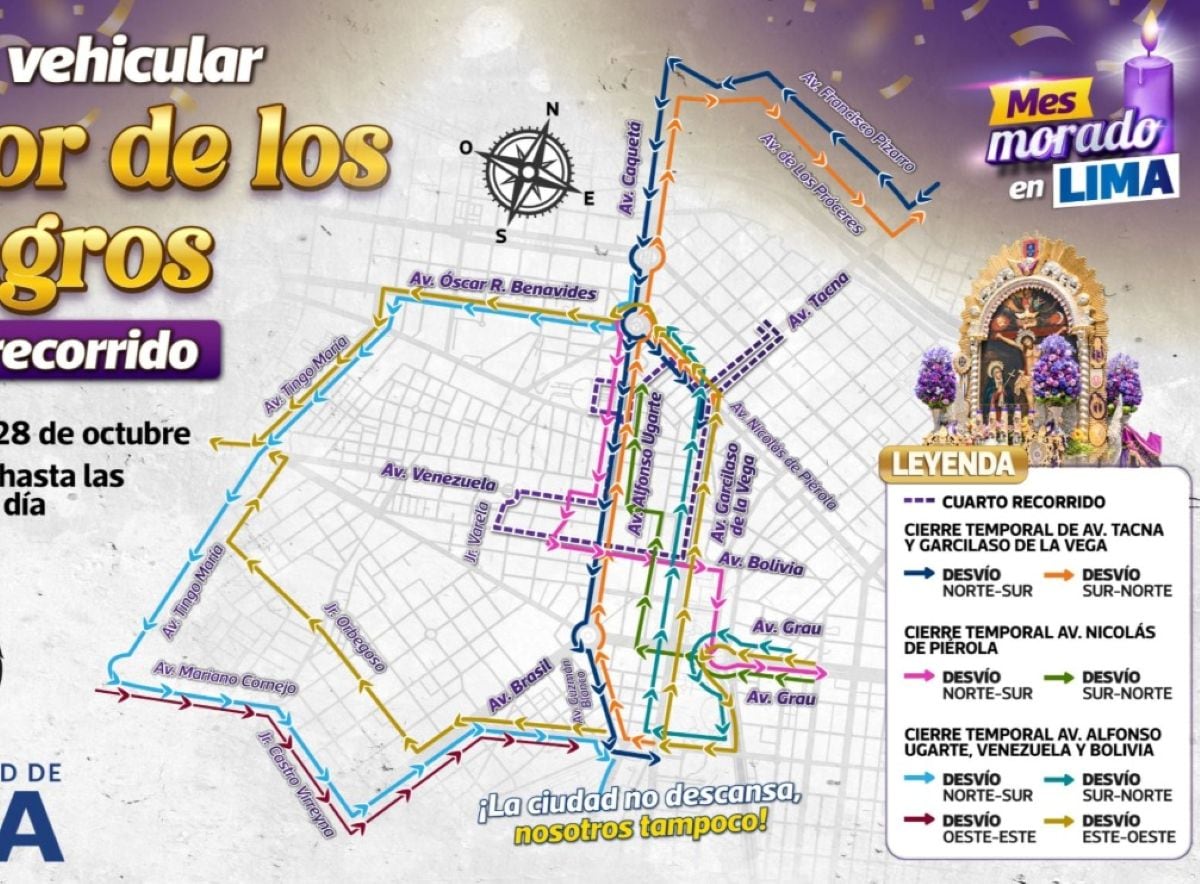 La Municipalidad de Lima aplicará cierres progresivos y desvíos vehiculares desde las 6:00 a. m. del miércoles 28 de octubre hasta las 4:00 a. m. del día siguiente. Foto: MML.