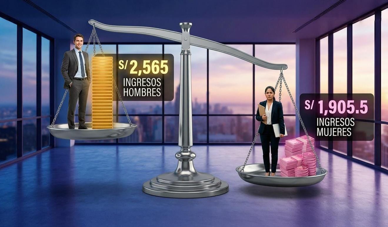 Brecha de ingresos entre hombres y mujeres. Fotocomposición: Perplexity, diario Gestión, Mía Ríos.