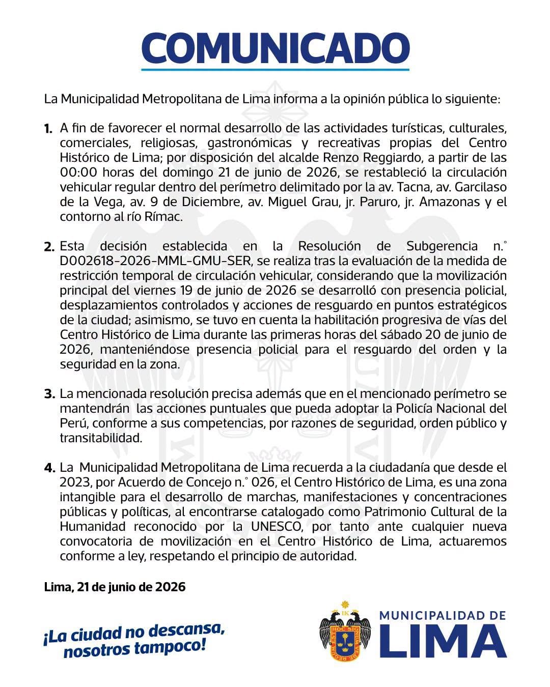 Comunicado Municipalidad de Lima. Foto: Municipalidad de Lima