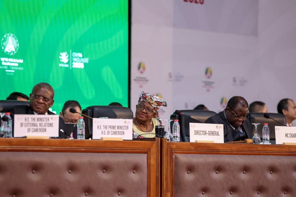 (L/R) Cameroon's Prime Minister Joseph Dion Ngute, World Trade Organization (WTO) Director-General Ngozi Okonjo-Iweala and Cameroon's Minister of Trade Luc Magloire Atangana attend the WTO ministerial conference in Yaounde on March 26, 2026. (Photo by AFP)