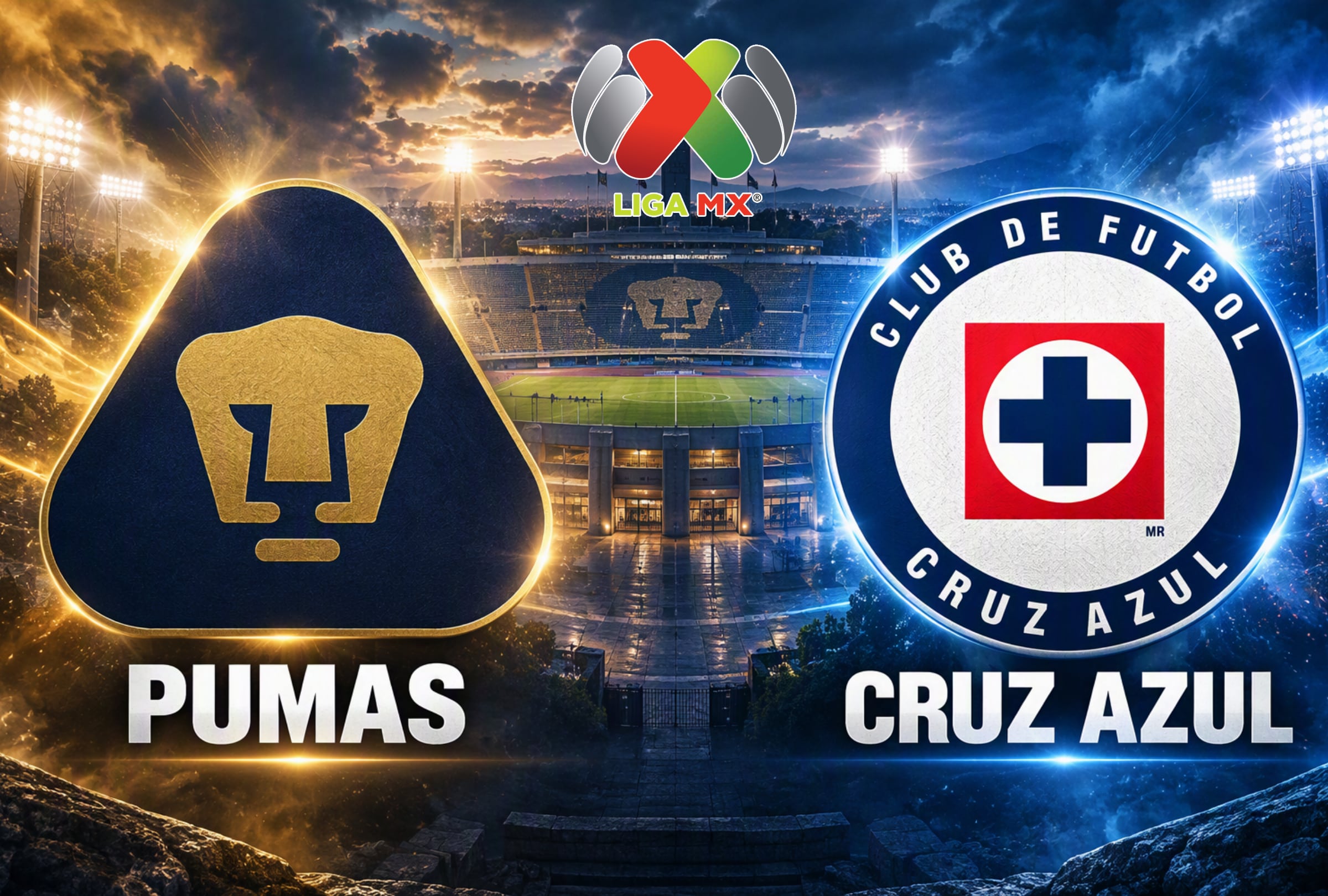 CIUDAD DE MÉXICO, CIUDAD DE MÉXICO (MÉXICO), 11/10/2026. Hora y canal para ver el partido entre Pumas vs. Cruz Azul por la Liga MX que se realizará en el Estadio Olímpico Universitario. FOTO: Imagen creada por la IA de Microsoft Copilot.