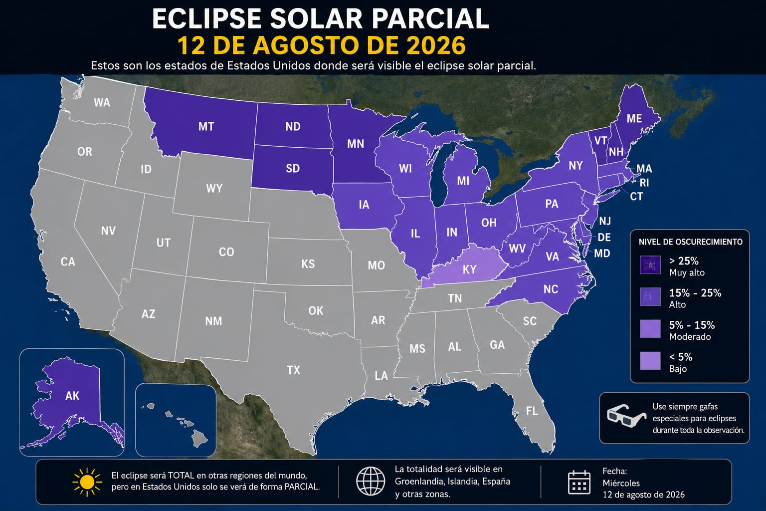 Conoce el mapa con los estados de Estados Unidos desde donde será visible el eclipse solar parcial de este miércoles 12 de agosto de 2026. (Foto: Imagen creada por El Comercio MAG utilizando la IA de Chat GPT)