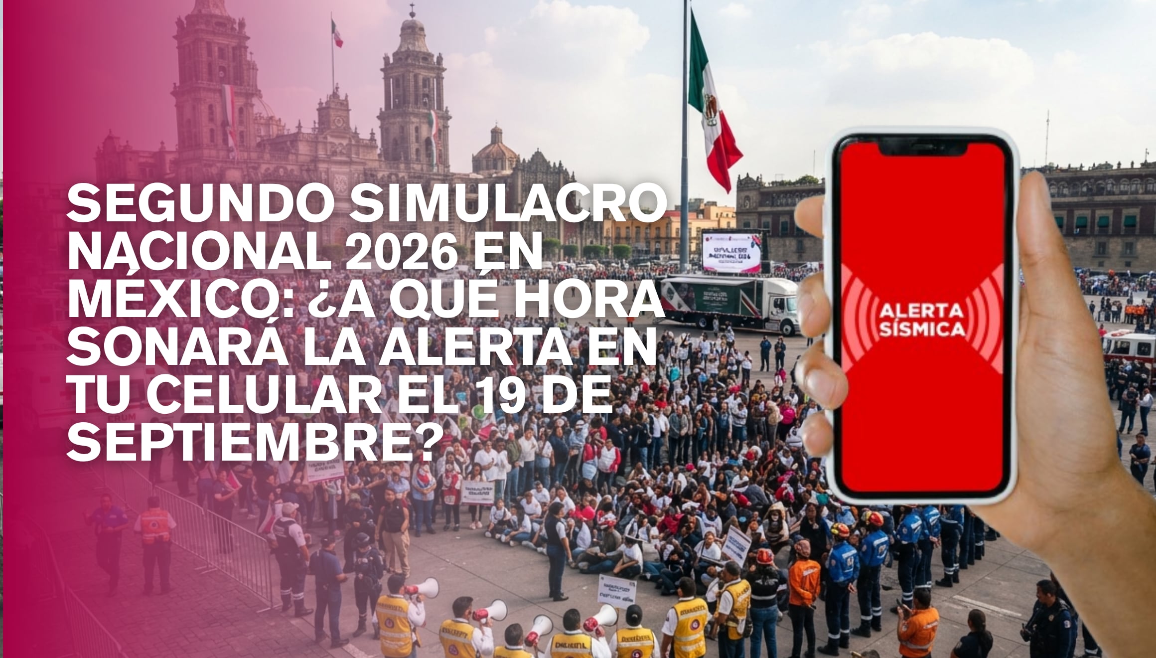 Ciudadanos participando en la evacuación de un inmueble durante el Segundo Simulacro Nacional 2026 en México. La alerta sísmica sonará en celulares y altavoces públicos el próximo 19 de septiembre. | Imagen referencial creada por Gestión Mix utilizando la IA de Gemini / Composición GEC